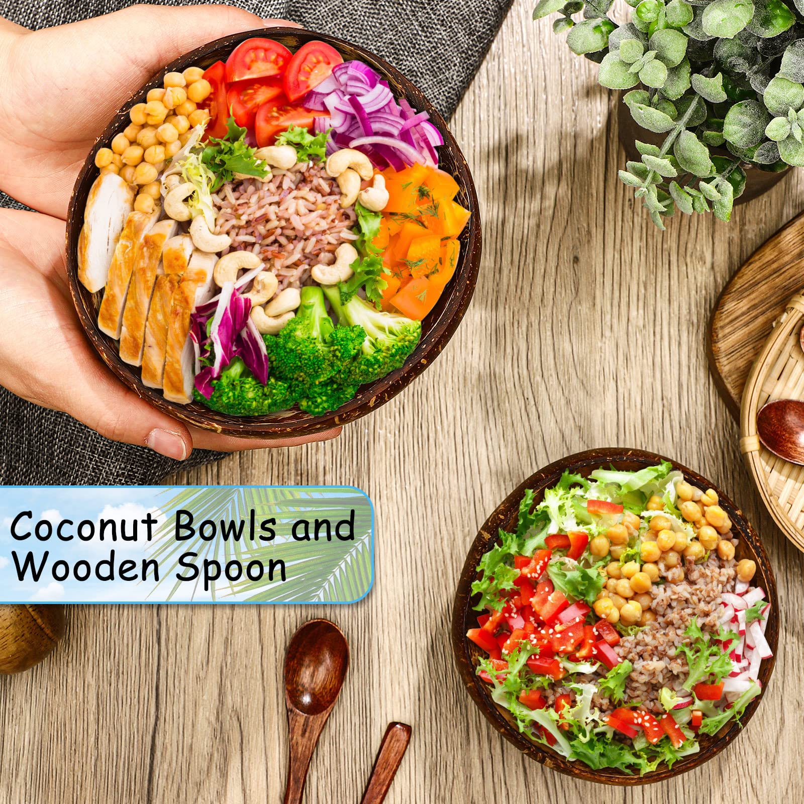 Hoolerry 8-Piece Coconut Bowl Set with Wooden Spoons - Eco-Friendly Coconut Shell Bowls for Buddha Bowls, Smoothies, Salads - Perfect Vegan Kitchen Serving & Gift Set for Home, Parties, and Restaurants