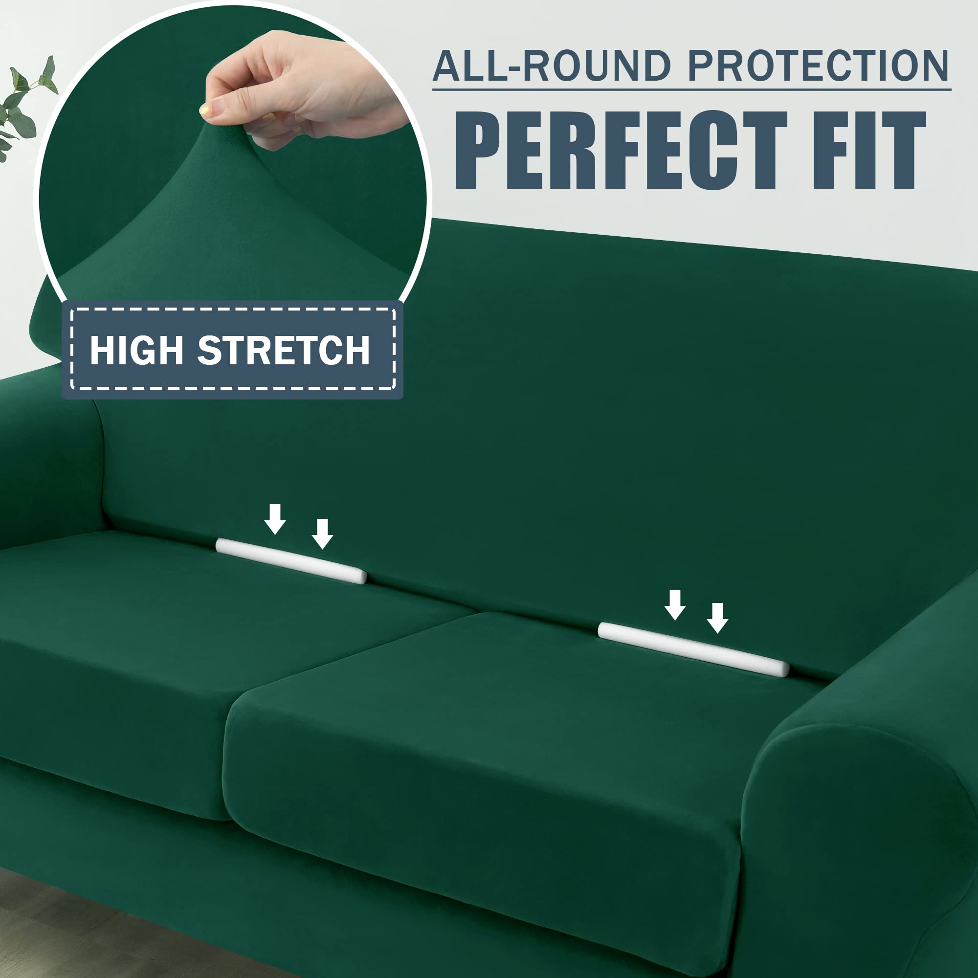 CONRUSER Stretch Sofa Slipcover - Soft Velvet Couch Cover for 2 Cushion Sofa, Thick Furniture Protector for Pets & Kids (Green, Medium) - Perfect for Living Room, Family Room & Pet-Friendly Homes