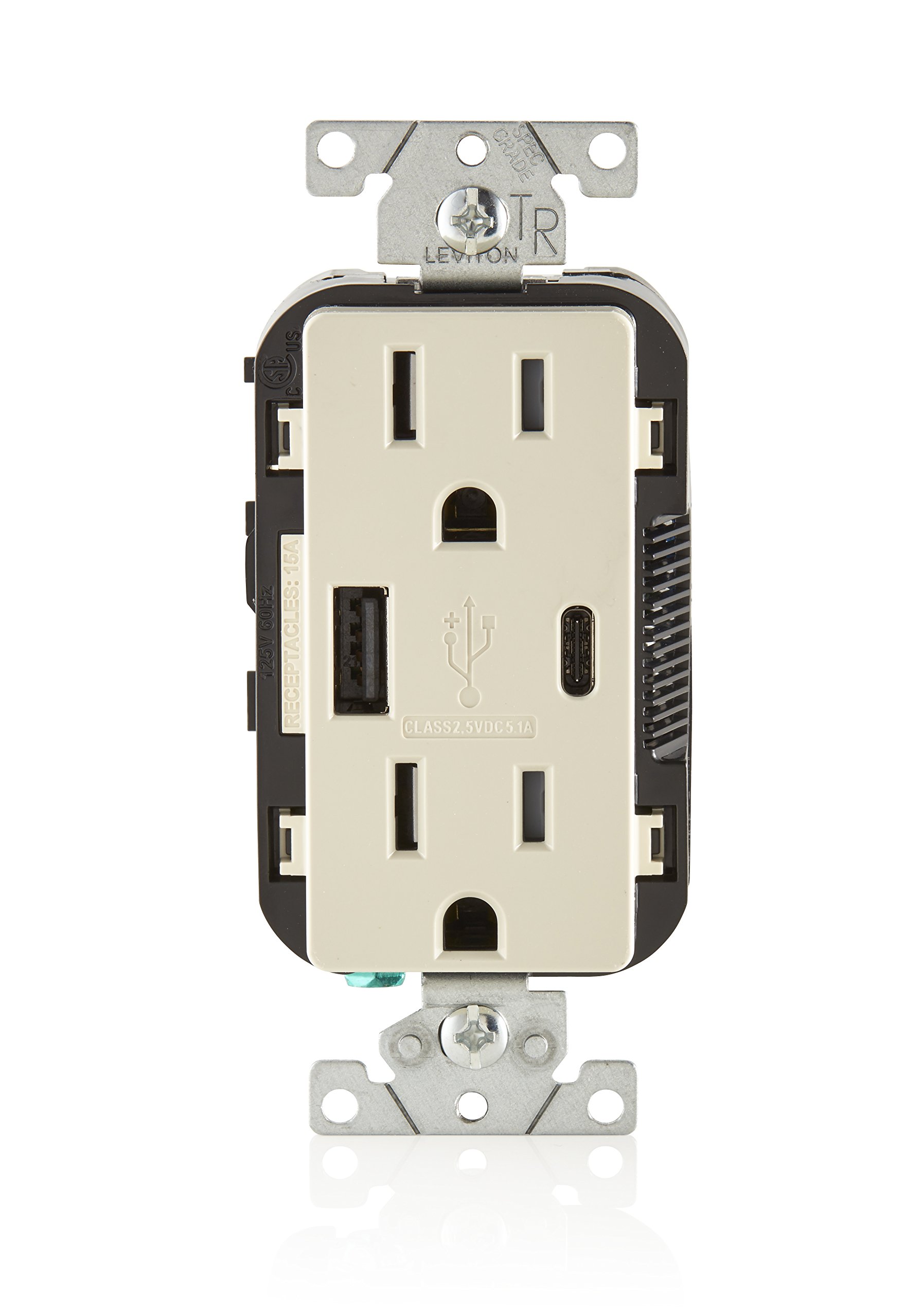 Leviton T5633-T 15-Amp USB Outlet with Type A & C Ports - Tamper Resistant Receptacle in Light Almond (6-Pack) - Perfect for Home, Office & Hotel Charging Stations