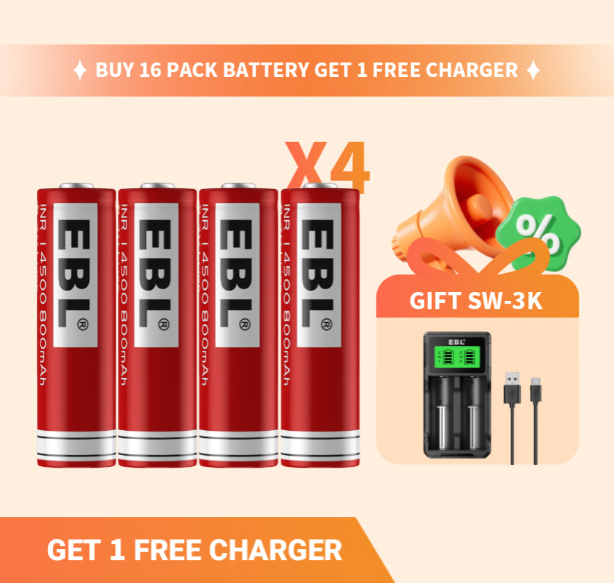 EBL 16 Pack 14500 Lithium Rechargeable Batteries 800mAh High Capacity - Long Lasting Power for Flashlights, Toys, and Electronic Devices - Mid Year Sale