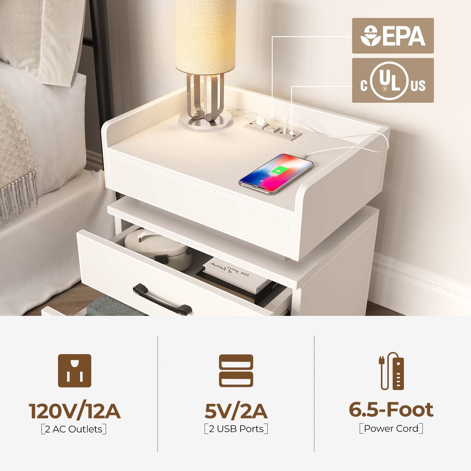 Rolanstar White Modern Nightstand with 2 Drawers, USB Charging Station & LED Lights - Tool-Free Quick Assembly Bedside Table for Bedroom, Living Room, Dorm - Perfect for Reading, Phone Charging & Bedside Storage