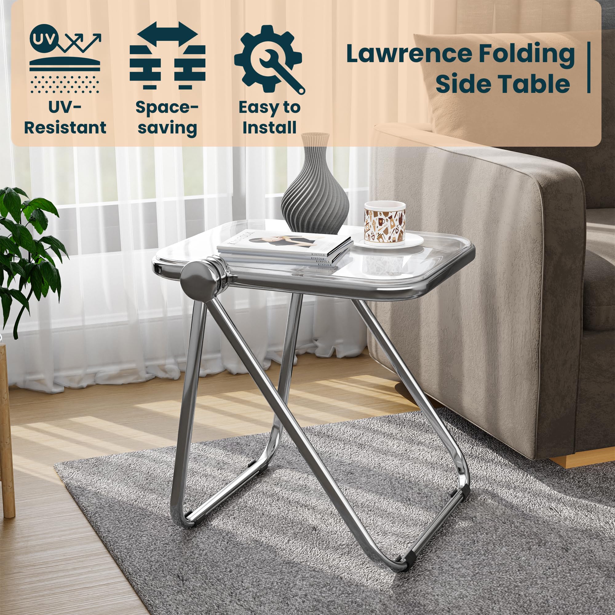 LeisureMod Lawrence Mid-Century Modern Rectangular Folding Side Table - Chrome Finish with Durable Plastic Tabletop & Sturdy Aluminum Frame - Perfect for Living Room, Bedroom, Office or Patio - Space-Saving & Stylish Home Decor