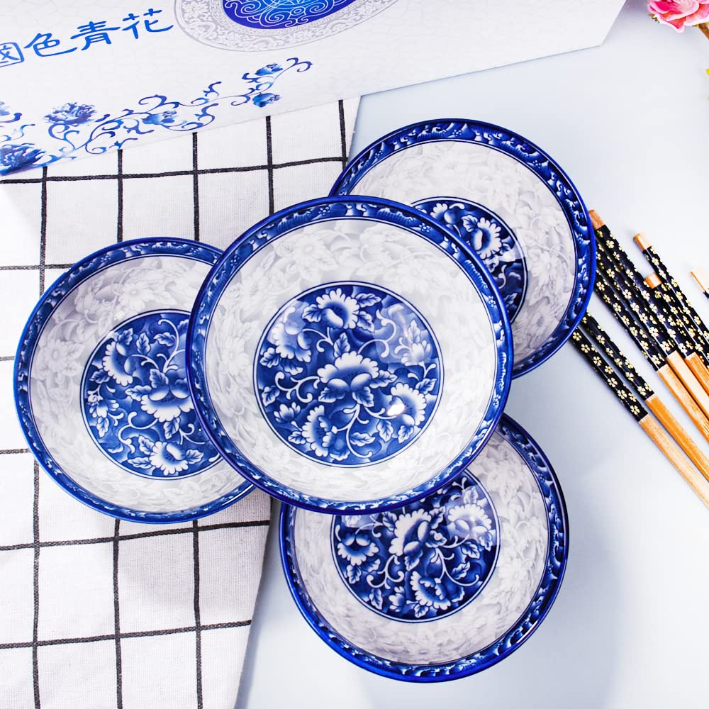 Blue and White Porcelain Chinese Bowl and Chopsticks Set of 4 - Rice, Soup, Sushi, Cereal Bowls with Delicate Gift Box | Elegant Tableware for Asian Dining, Home Decor, and Party Serving