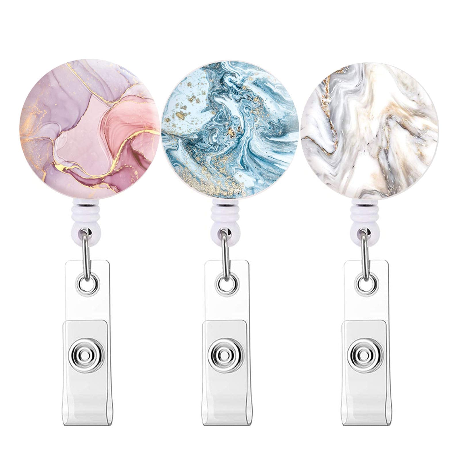3 Pack Retractable ID Badge Reels with Marble Design & Alligator Clip - Professional Badge Holder for Nurses, Doctors, Office Staff & Teachers | Ideal for Hospitals, Schools & Corporate Offices