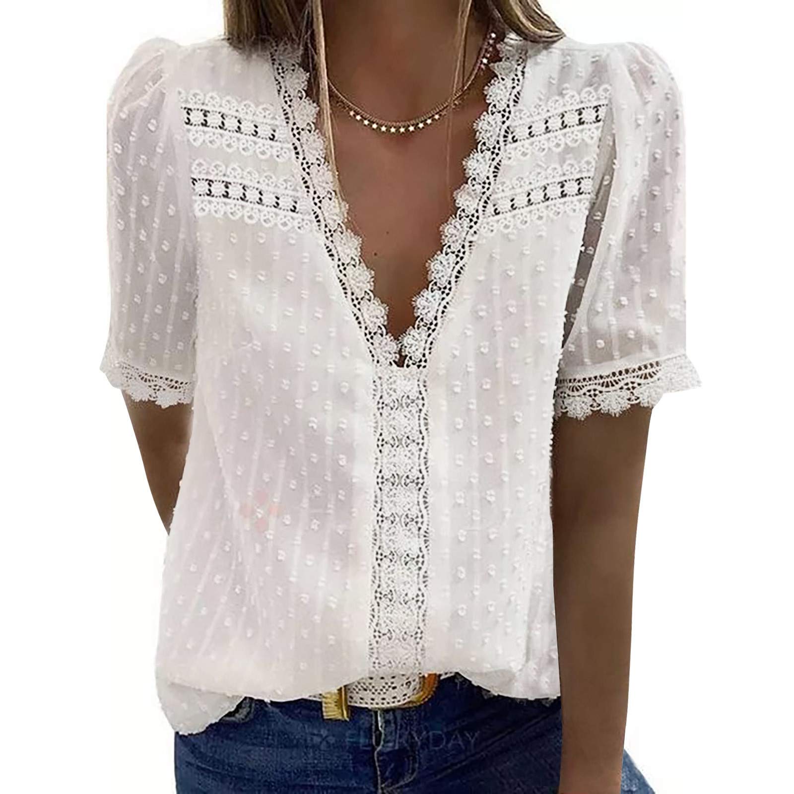 BISXOTY Women's V-Neck T-Shirt - Retro Lace Splicing Dressy Tunic Top, Short Sleeve Casual Blouse for Everyday Wear, Office & Date Night Outfits