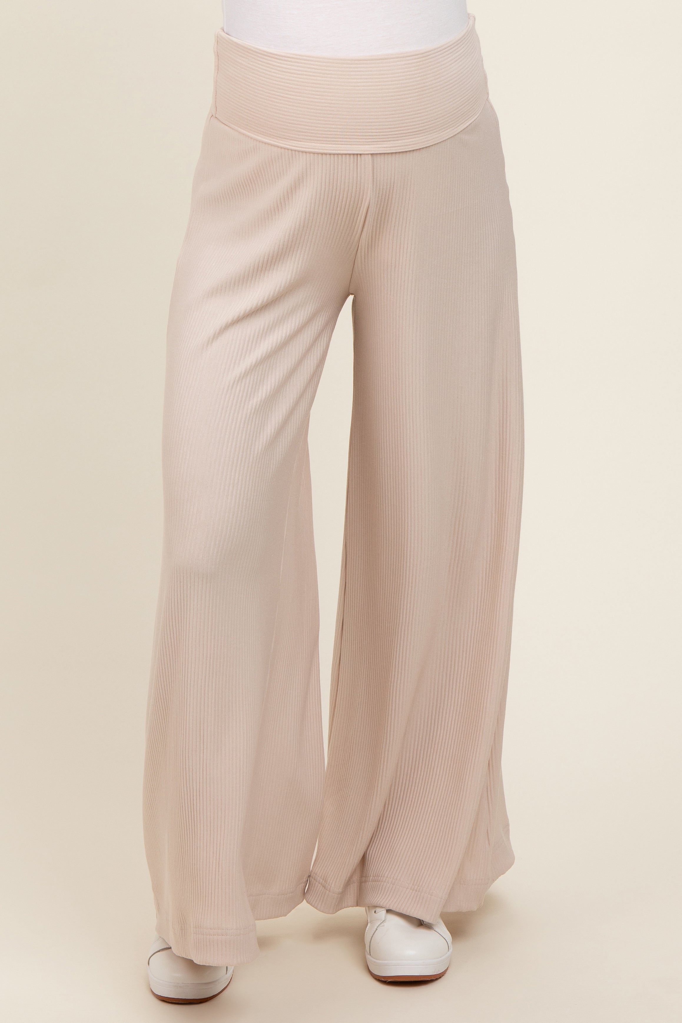 Beige Ribbed Foldover Waist Maternity Wide Leg Pants for Pregnancy Comfort - Soft Stretchy Lounge Pants for Moms-to-Be, Perfect for Home, Office & Casual Outings