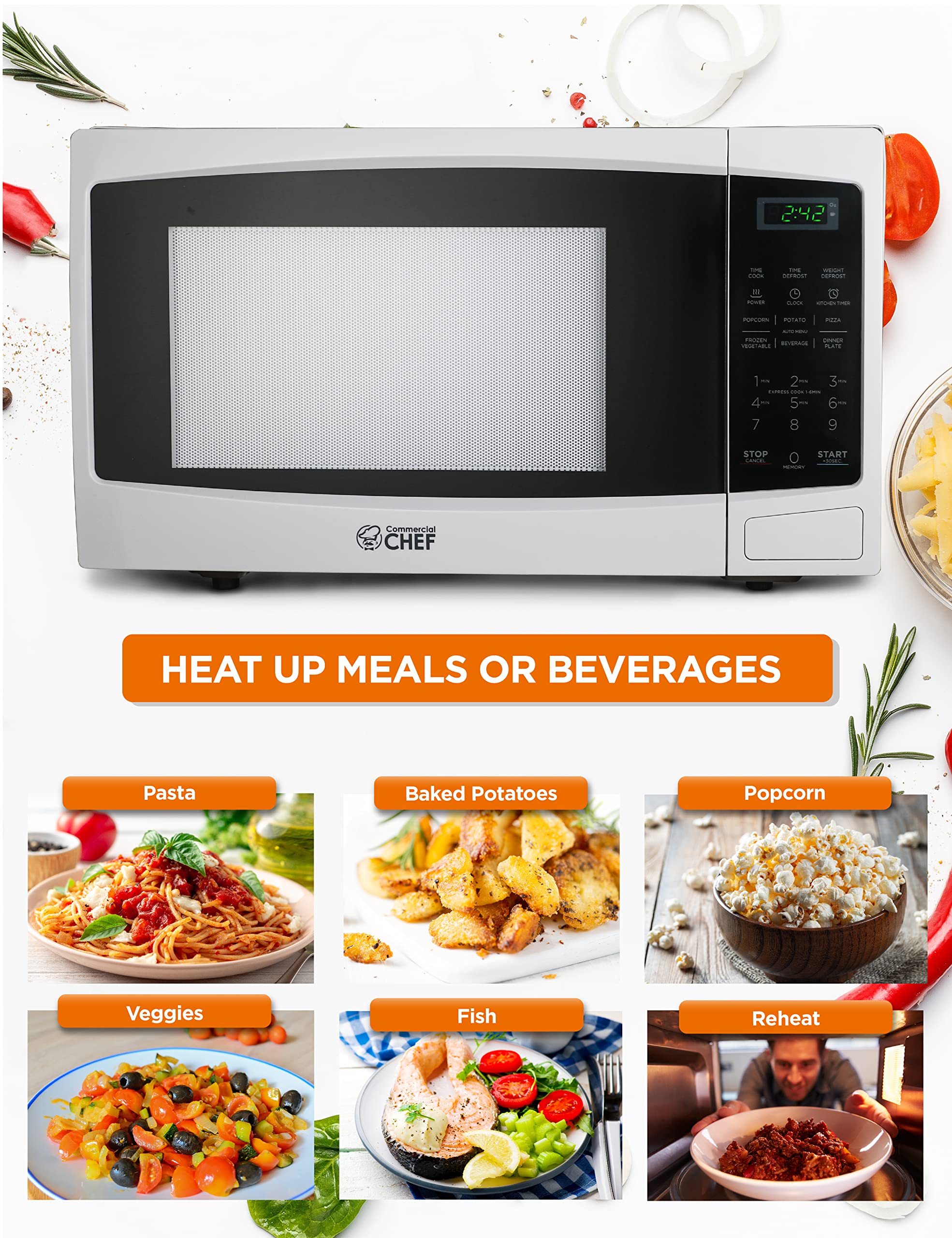 Commercial Chef 1.1 Cu Ft 1000W Countertop Microwave Oven - 10 Power Levels, Push Button Door Lock, Digital Controls & Turntable - Perfect for Home Kitchen, Office, Dorm & Small Spaces (White)