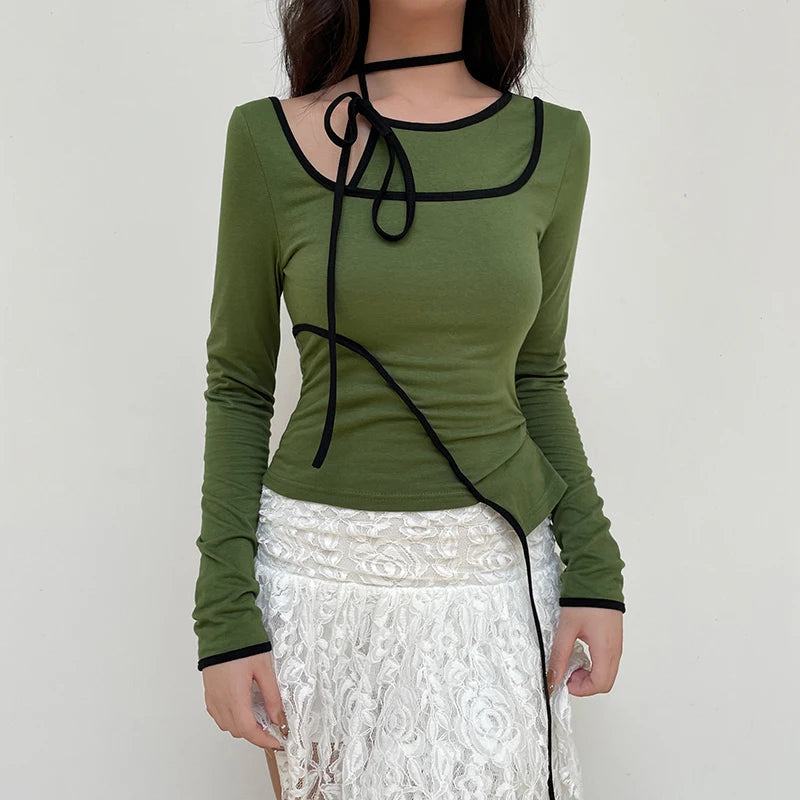 Women's Asymmetrical Folds Spliced Long Sleeve Halter Neck Slim Fit Casual T-Shirt | Korean Style Autumn Top | Perfect for Daily Wear, Office Outfits & Date Nights