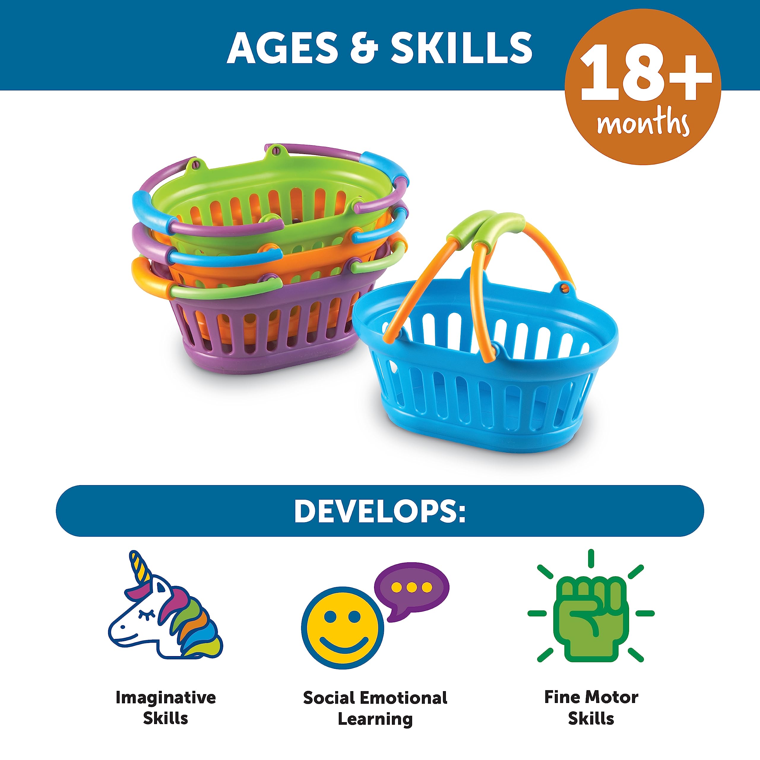 Learning Resources New Sprouts Stack of Baskets - 4 Piece Toddler Pretend Play Toy Set for Ages 18 Months+, Play Grocery Basket for Kids, Easter Basket Filler - Perfect for Role Play, Shopping Games & Holiday Gifts
