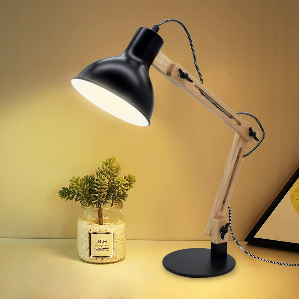 Depuley Swing Arm Desk Lamp - Adjustable Wood Gooseneck Table Light with White Metal Shade (Bulb Included) | Modern Architect Design for Home Office, Study, Bedroom & College Dorm | Perfect Reading Light for Work & Nighttime Use