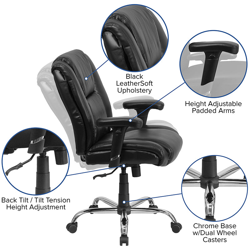 FLASH HERCULES Series 400 lb Capacity Big & Tall Ergonomic Office Chair - Black LeatherSoft Executive Chair with Adjustable Arms & Chrome Base - Perfect for Home Office, Gaming & Workspaces