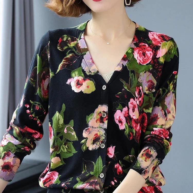 Women's Floral Print Cardigan - Casual Long Sleeve Knitwear | Single Breasted Autumn Cardigan | Soft & High Quality | Perfect for Fall Layering, Office Wear & Coffee Dates