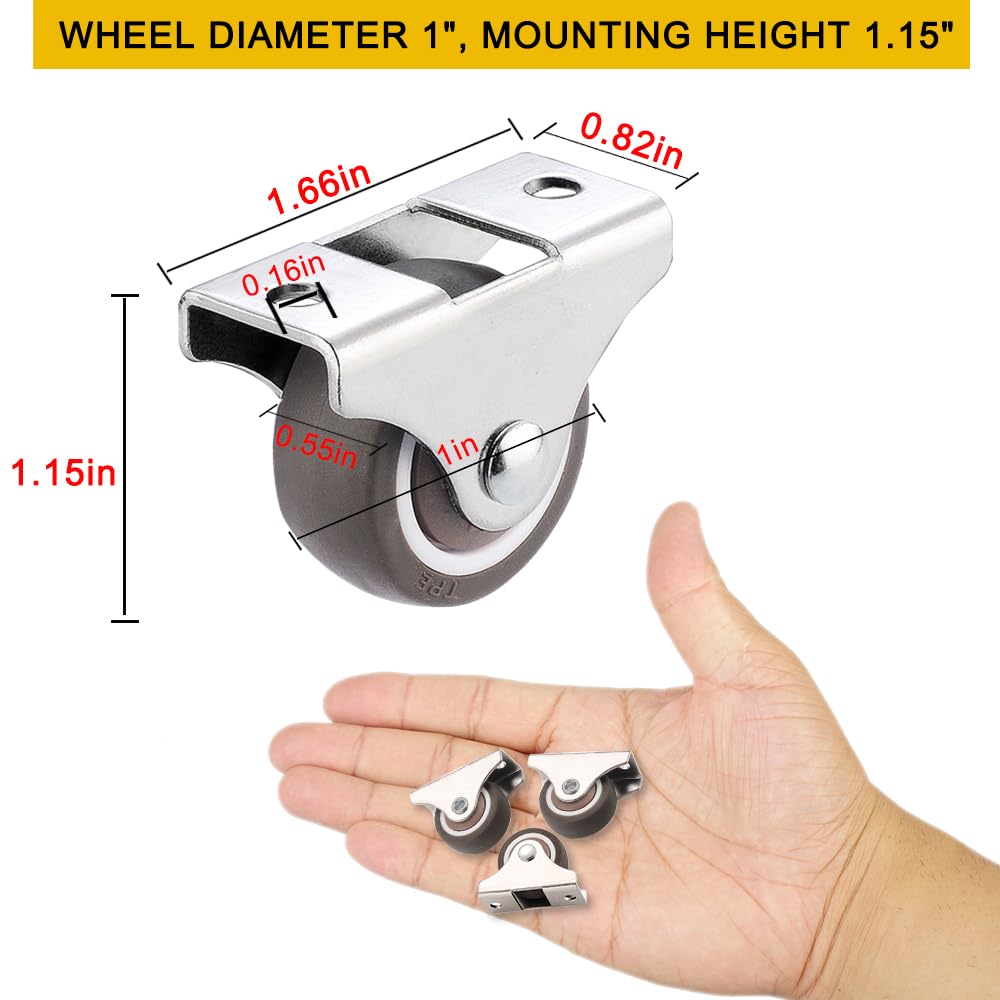4Pcs 1 Inch Mini Rigid Caster Wheels - Low Profile Rubber Rolling Wheels with Steel Top Plate - Heavy Duty 106 Lbs Capacity - Perfect for Furniture, Under Bed Storage Drawers, Cabinets, and Office Chairs - Non Swivel Design for Stability