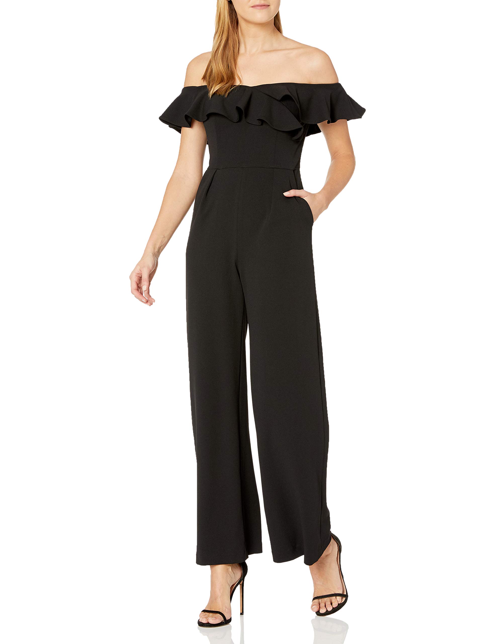Calvin Klein Women's Off-the-Shoulder Ruffle Sleeve Jumpsuit | Elegant One-Piece Romper for Summer, Party & Vacation | Comfortable & Stylish Outfit for Casual Wear, Date Night & Special Occasions