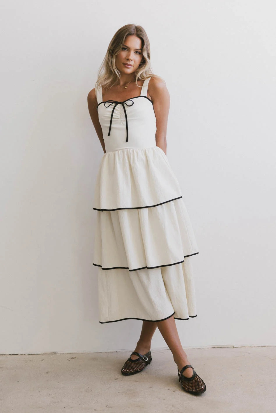 Liza Contrast Trim Dress in Cream | Elegant Women's Party & Evening Gown | Perfect for Weddings, Cocktail Parties & Special Occasions