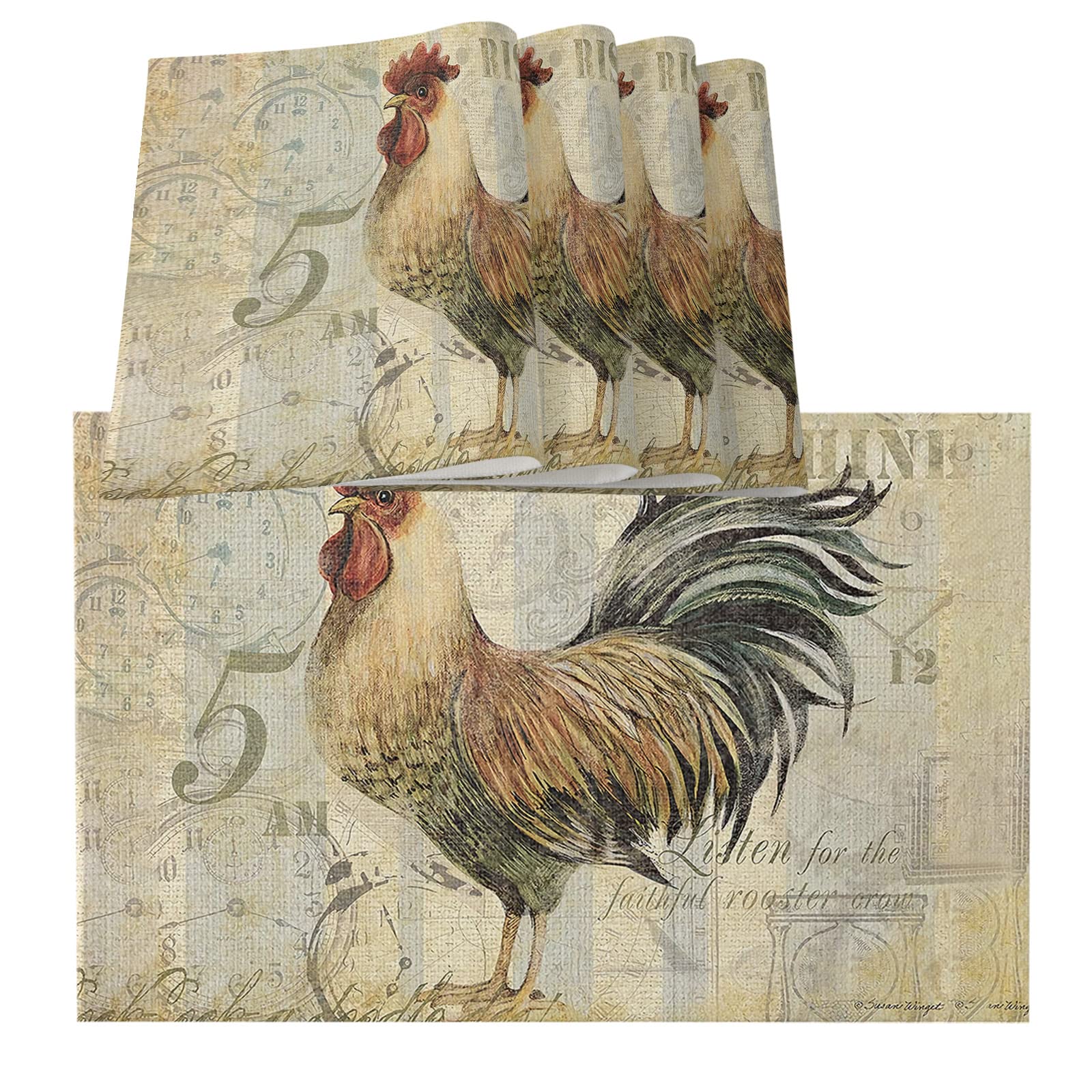 Vintage Rooster Cotton Linen Placemats Set of 4 - Farmhouse Kitchen Table Mats for Square, Rectangle & Round Dining Tables - Chicken Themed Holiday Dinner Decor for Thanksgiving, Christmas & Farmhouse Style Dining