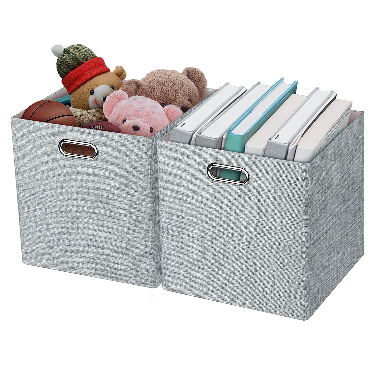 13-Inch Thick Fabric Collapsible Storage Cubes & Bins - 2-Pack Silver Gray Organizer Boxes for Shelves, Cabinets, Bookcases | Perfect for Home, Office & Closet Organization
