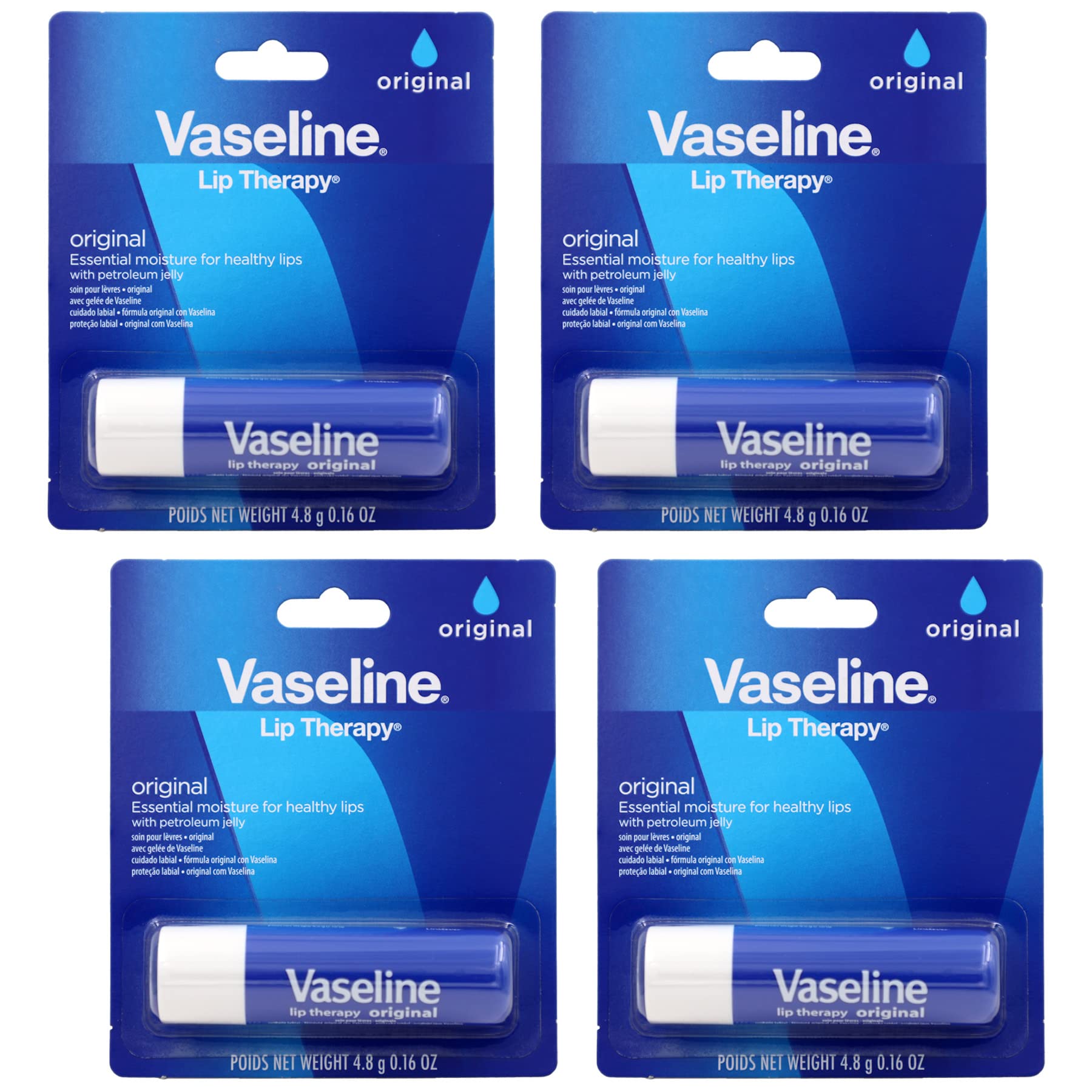 Vaseline Lip Therapy Original Lip Balm - Fast-Acting Moisturizer for Dry, Chapped & Cracked Lips - 0.16 oz (4-Pack) - Perfect for Winter Care, Daily Hydration & Overnight Lip Treatment