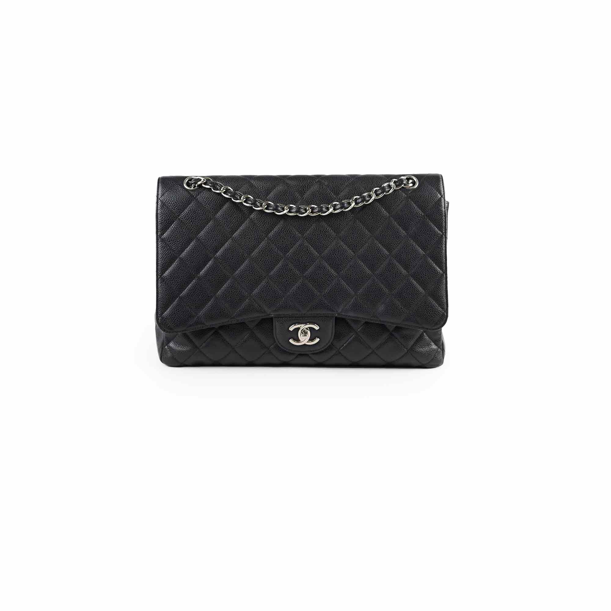 Chanel Maxi Single Flap Bag in Black Caviar Leather with Silver Hardware - Luxury Designer Handbag for Women, Perfect for Evening Events & Special Occasions