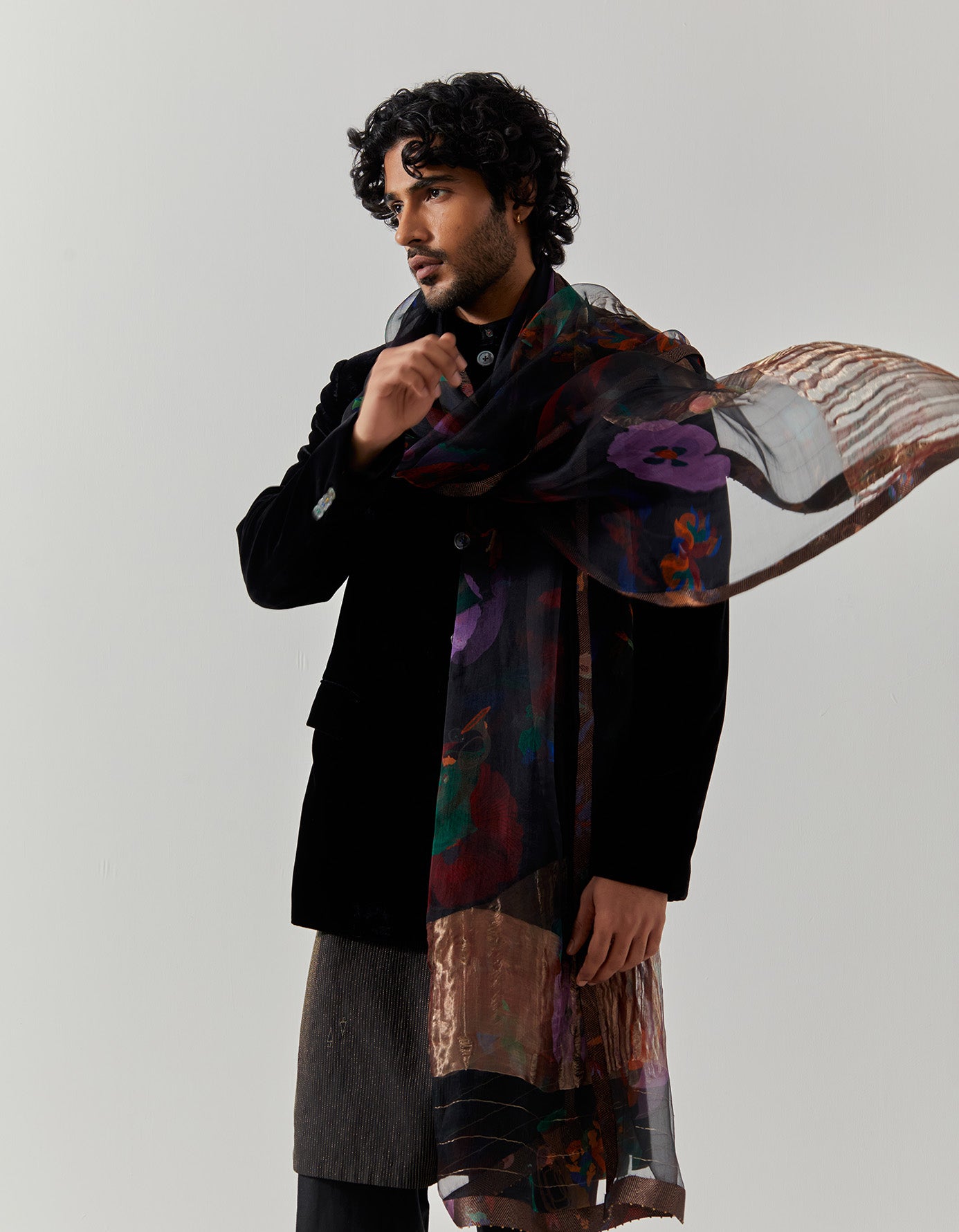 Elegant Dupatta Chanderi Silk Scarf - Midnight Vineyard Design - Perfect for Weddings, Parties & Festive Occasions
