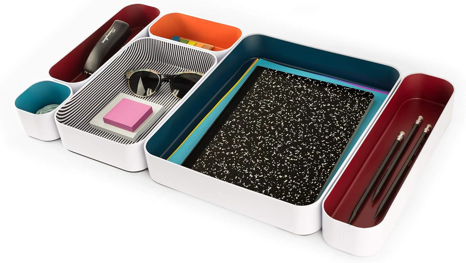 6-Piece Metal Organizer Tray Set for Makeup, Stationery & Utensils - 2 Inch Desk Drawer Organizer in Berry, Sunset, Blue & Stripes - Perfect for Office, Kitchen & Bathroom Storage