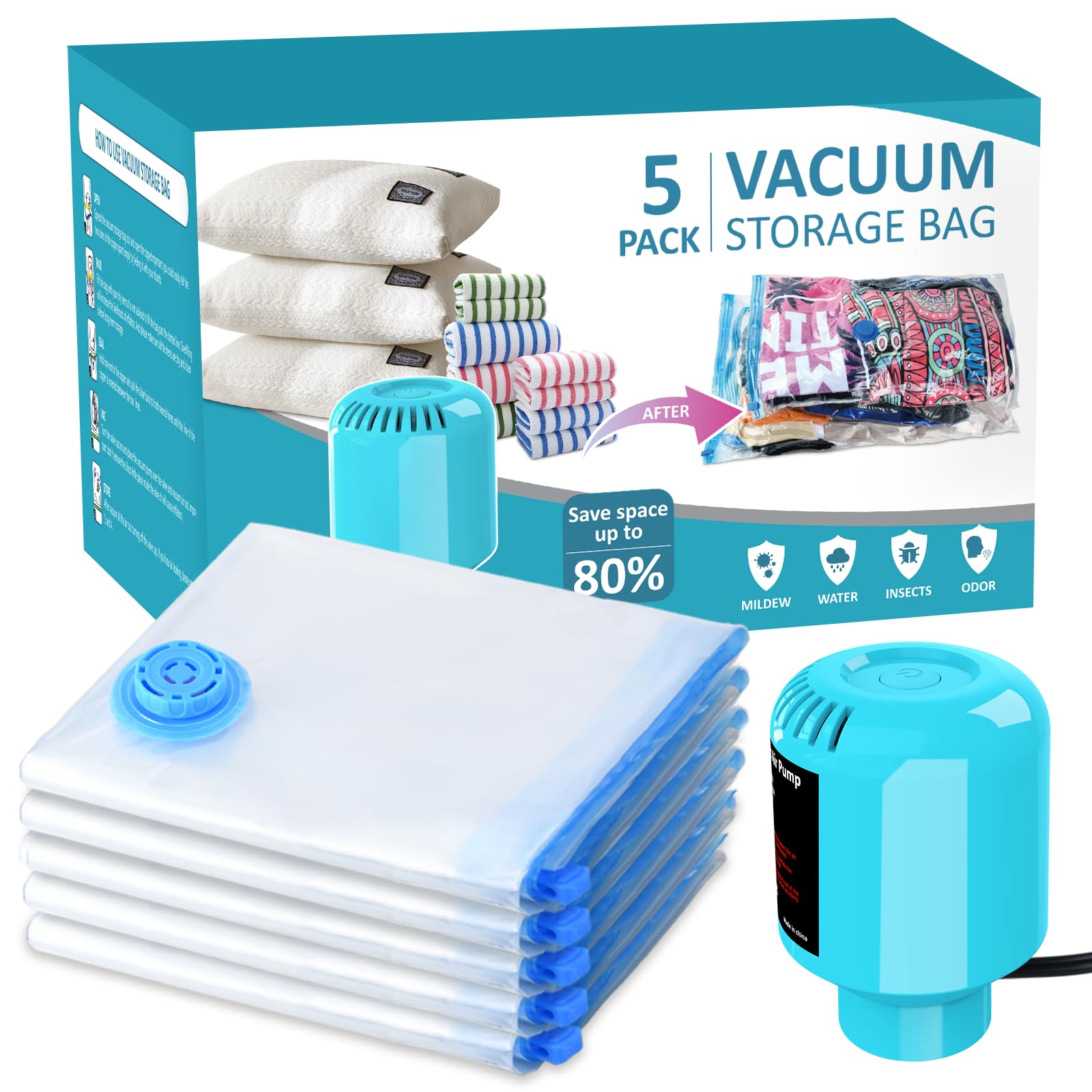 ZXA Vacuum Storage Bags with Electric Air Pump - 5 Pack Large 32''x24'' Space Saver Bags for Clothes, Blankets, Duvets | Perfect for Seasonal Storage, Travel & Home Organization