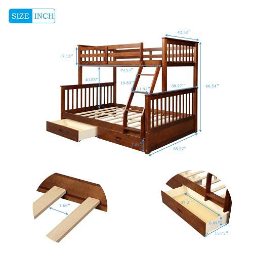 Twin Over Full Bunk Bed with Drawers & Ladder - Solid Wood Bunk Bed with Full-Length Safety Guardrail - No Box Spring Required - Walnut Finish - Perfect for Kids' Bedroom, Guest Room & Space-Saving Solutions