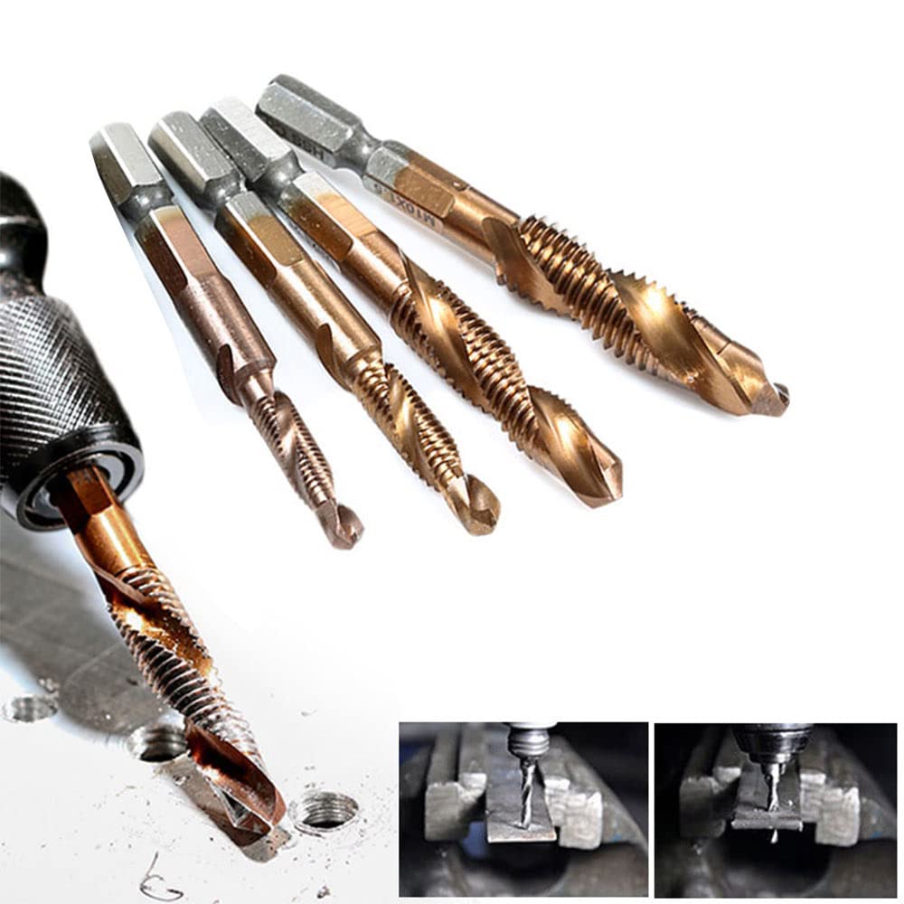 4Pcs HSS Drill and Tap Bit Set - M4 M6 M8 M10 Metric Thread with 1/4