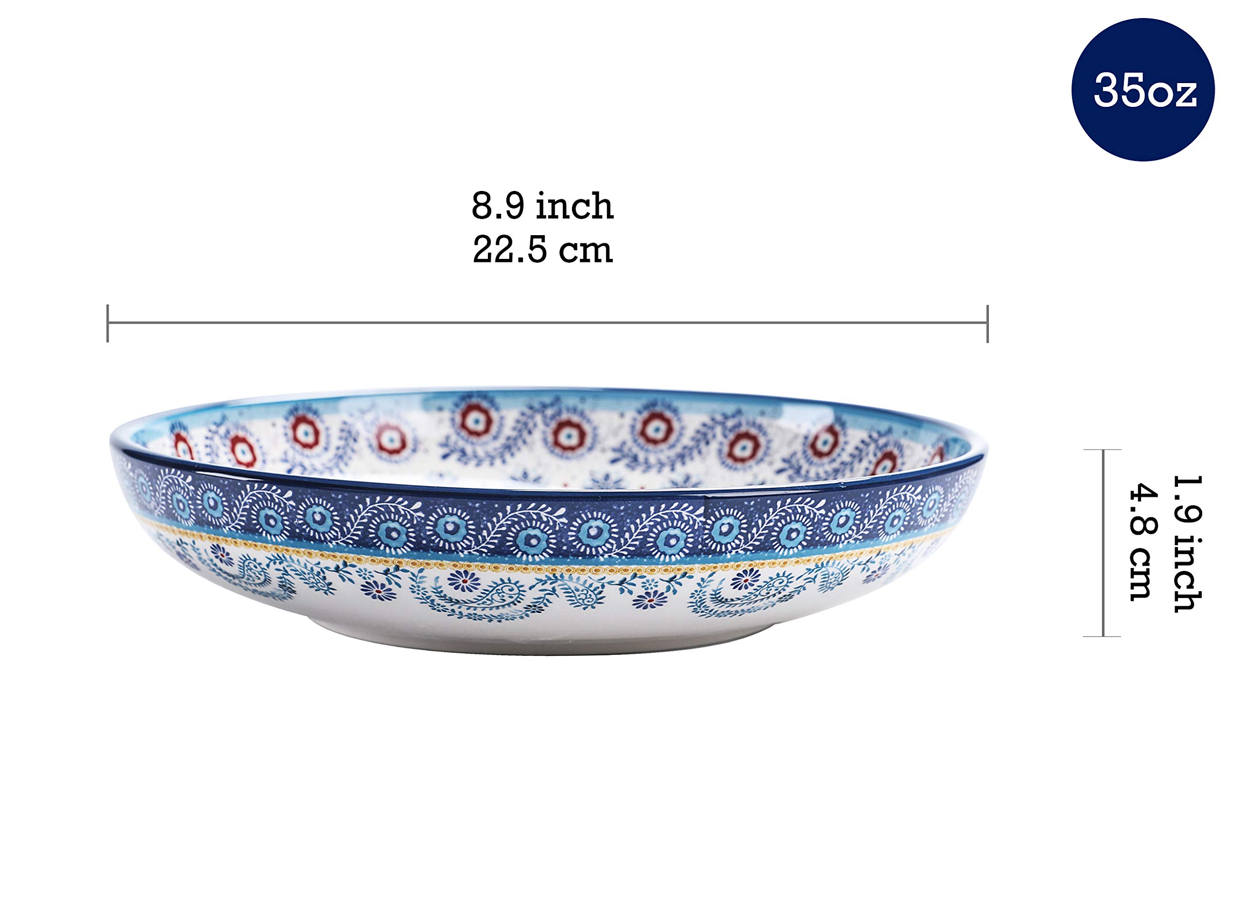 Bico Blue Talavera 35oz Dinner Bowls - Set of 4 Ceramic Bowls for Pasta, Salad, Cereal & Soup - Microwave & Dishwasher Safe - Perfect for Family Dinners, Parties & Everyday Use