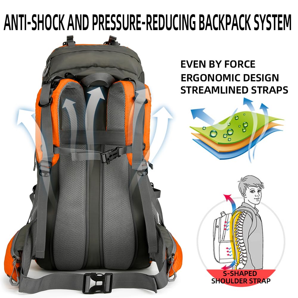 King'sGuard 60L Waterproof Hiking Backpack for Men - Lightweight Camping Backpack, Durable Outdoor Climbing Daypack - Perfect for Trekking, Travel & Adventure (Orange)