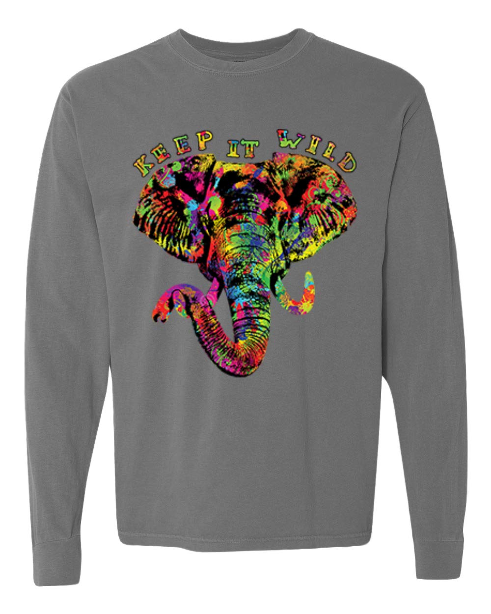 Keep It Wild Colorful Elephant Face Animal Lover Garment-Dyed Long Sleeve T-Shirt - Soft Washed Look for Casual Wear & Wildlife Enthusiasts