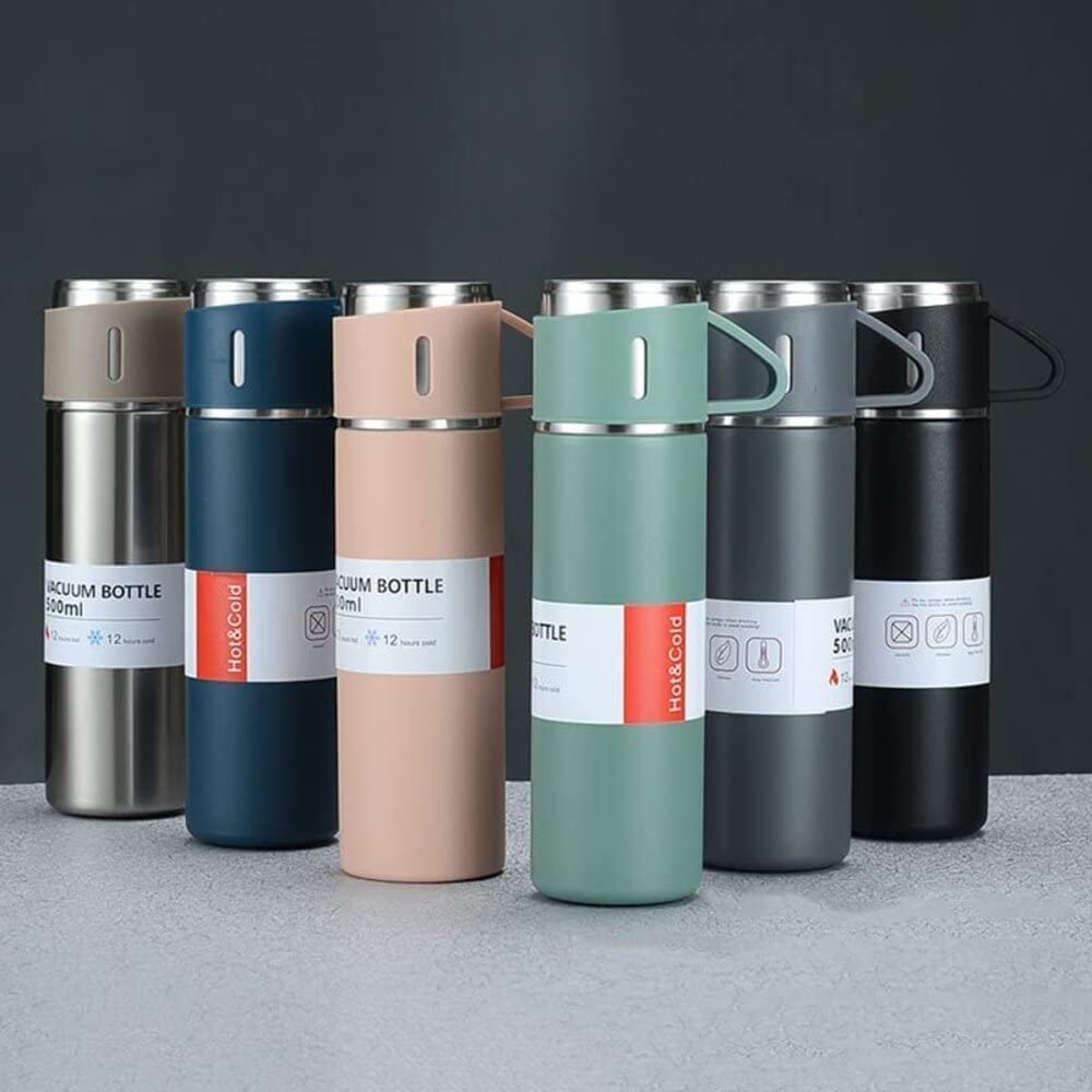 Brocli 500ml Stainless Steel Vacuum Flask Set with 3 Steel Cups - Insulated Thermos for Coffee, Tea, Hot & Cold Drinks - Perfect for Travel, Camping, Office & Outdoor Activities - Leakproof & Durable Gift Idea
