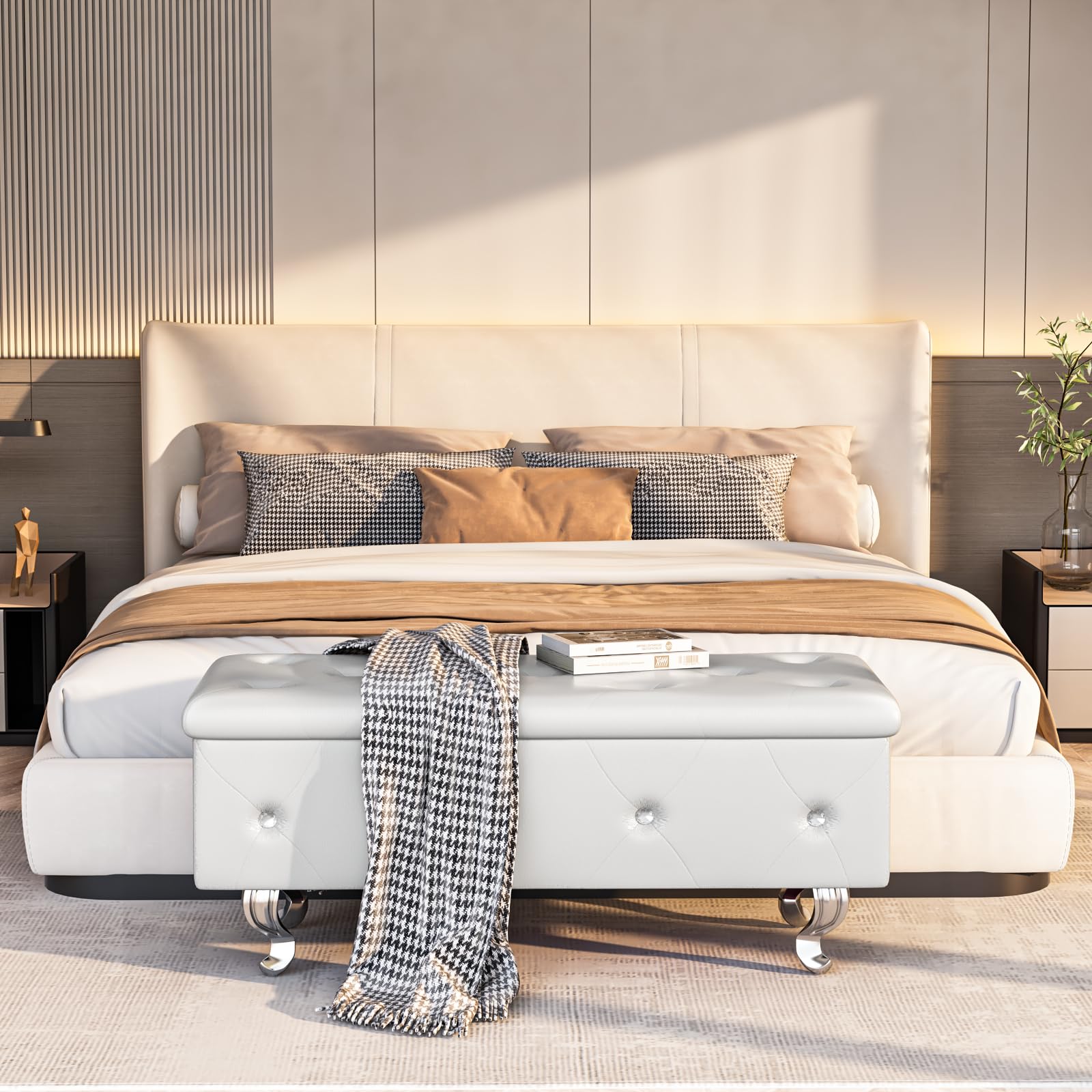 DKLGG Leather Storage Ottoman Bench with Seating - Upholstered Bedroom, Living Room & Entryway Furniture - White - Perfect for Extra Seating, Shoe Storage & Home Organization