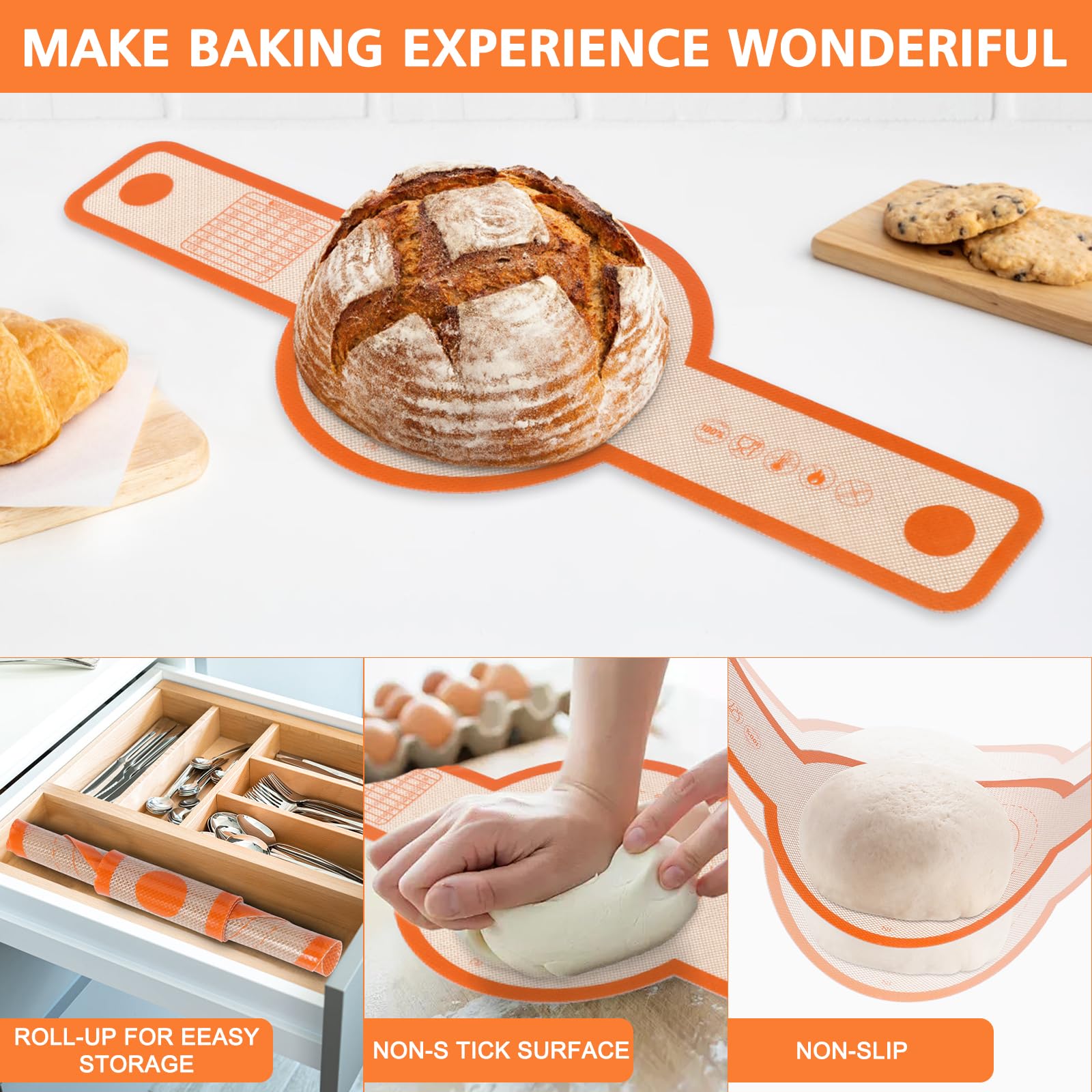 Non-Stick Silicone Bread Sling for Dutch Oven - 2 PCS Oval & Round Baking Mats with Extra Long Handles | Reusable, Easy Clean & Transfer Sourdough Bread | Perfect for Artisan Bread Baking, Homemade Loaves & Dutch Oven Cooking (Orange)