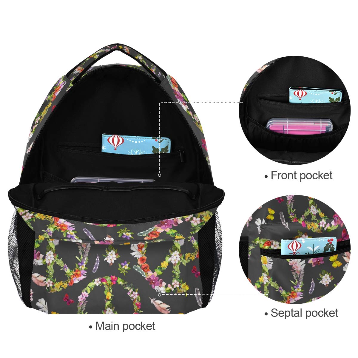 ALAZA Hippie Peace Sign Floral Butterfly Feather Large Backpack - 17 Inch Laptop Backpack with Multiple Pockets for Women, Travel, School & Work | Waterproof College Bookbag for iPad Tablet & Essentials