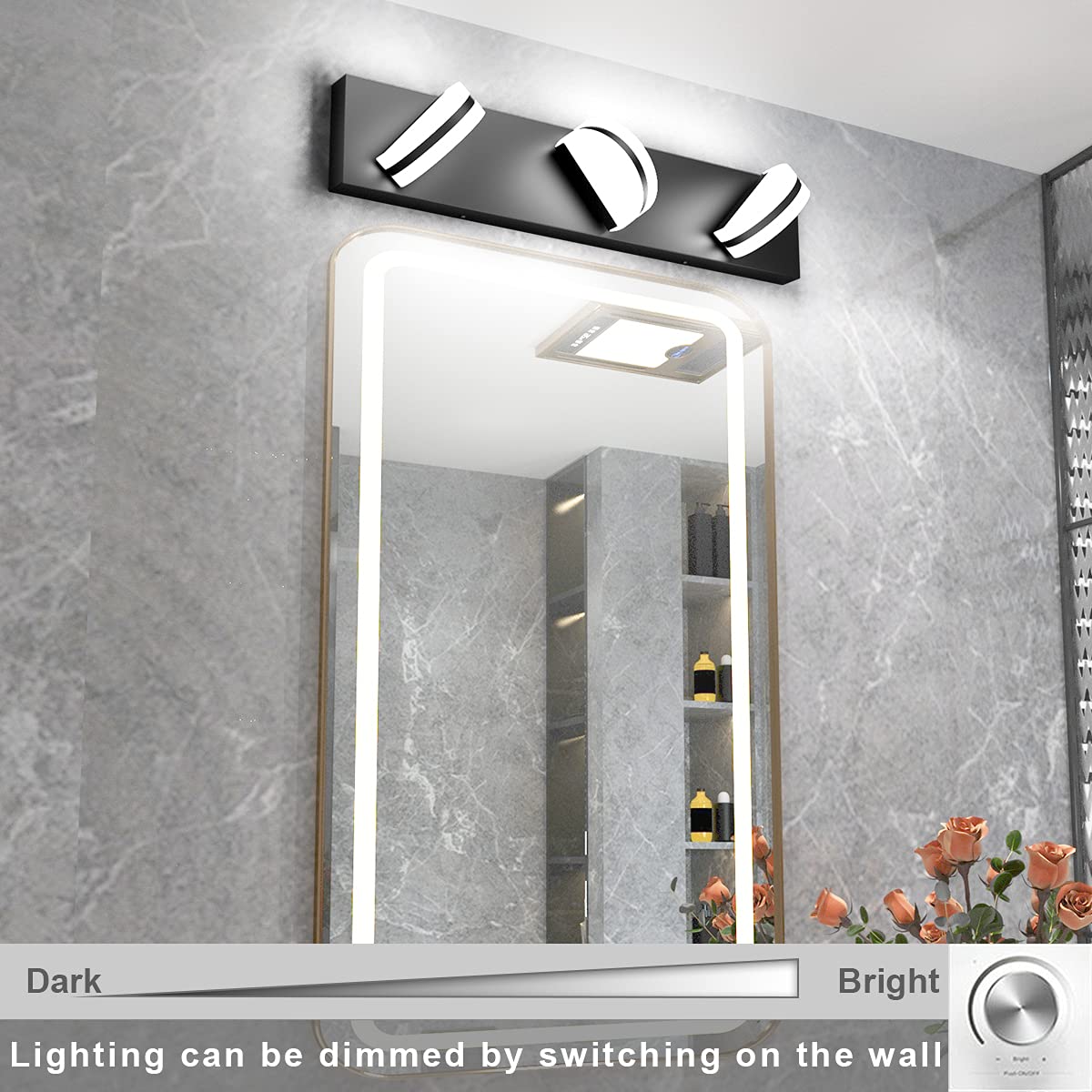 Aipsun Dimmable Modern Black Vanity Light - Acrylic LED Bathroom Wall Light with 3 Lights (6000K White Light) for Makeup Mirror, Dressing Room & Spa Decor