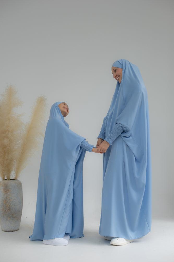 Little Gretaah Khimar Style Prayer Gown for Kids - Sky Blue with Ribbed Sleeve Cuffs | Perfect for Islamic Prayer, Eid Celebrations & Modest Dress