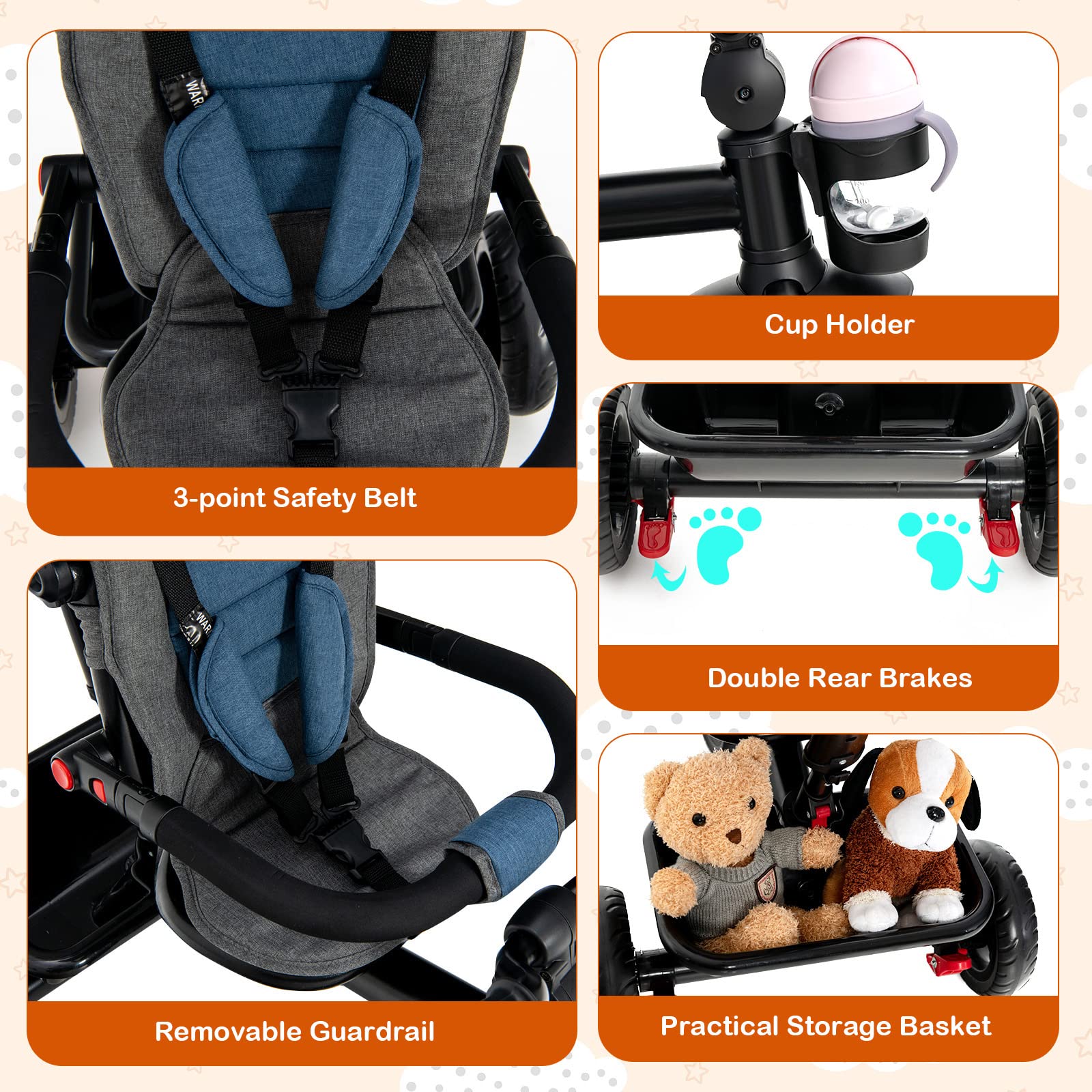 HONEY JOY 5-in-1 Convertible Baby Tricycle with Adjustable Push Handle, Canopy & Reversible Seat - EVA Wheels, Cup Holder & Storage Basket - Toddler Push Trike for Ages 1.5-5 Years (Blue) | Perfect for Park Rides, Neighborhood Strolls & Outdoor Family Adventures