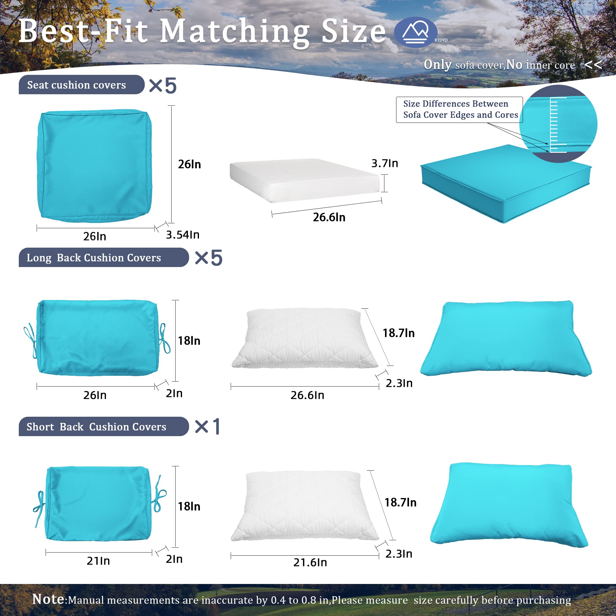 Outdoor Patio Cushion and Pillow Covers Replacement - Waterproof Slipcovers for Garden Furniture, Sofa & Couch with Zipper Design (Set of 5 Seat & 6 Backrest Covers, Blue) - Perfect for Backyard, Deck, Poolside and Patio Furniture Protection