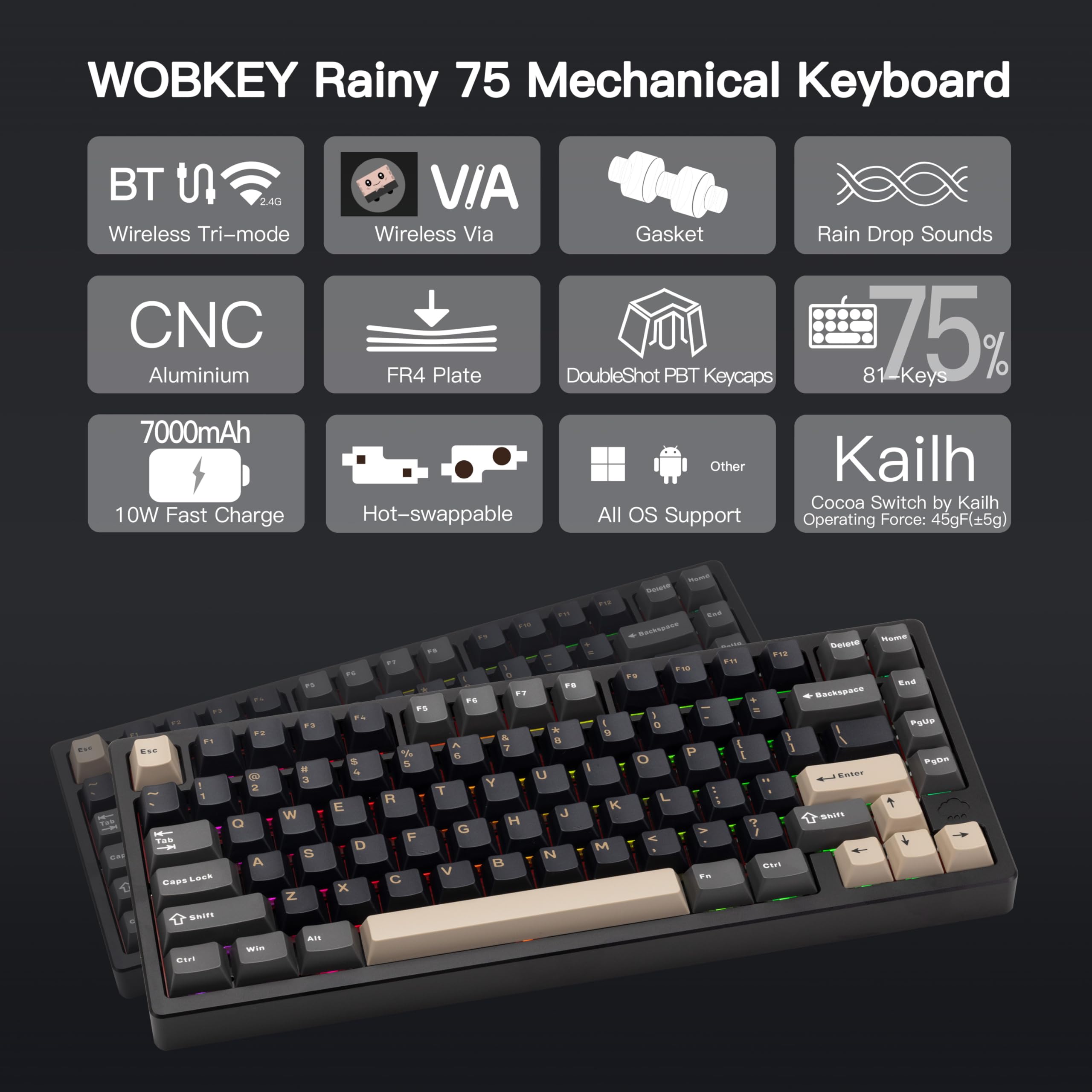 WOBKEY Rainy 75 CNC Aluminum Mechanical Keyboard - Triple Mode (Bluetooth/Wired/2.4G) with HMX/JWK/Cocoa Switches, RGB Backlight, FR4 Plate, 7000mAh Battery - Perfect for Gaming, Typing & Office Work (Pro - Black)