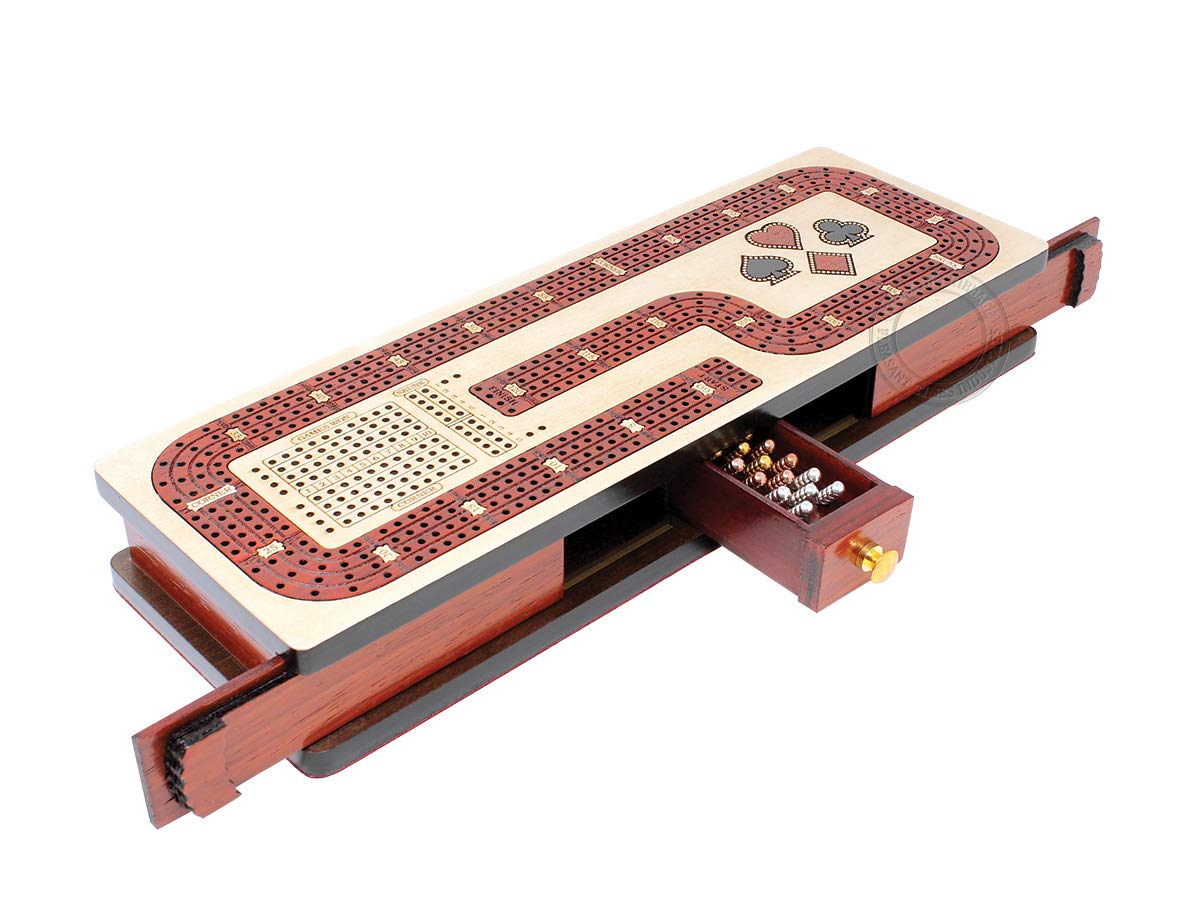 Premium Continuous Cribbage Board with 4-Track Scoring - Maple & Bloodwood Inlaid Box with Storage Drawer for Cards & Pegs - Includes Score Marking Fields for Skunks, Corners & Won Games - Perfect for Family Game Nights & Travel Entertainment