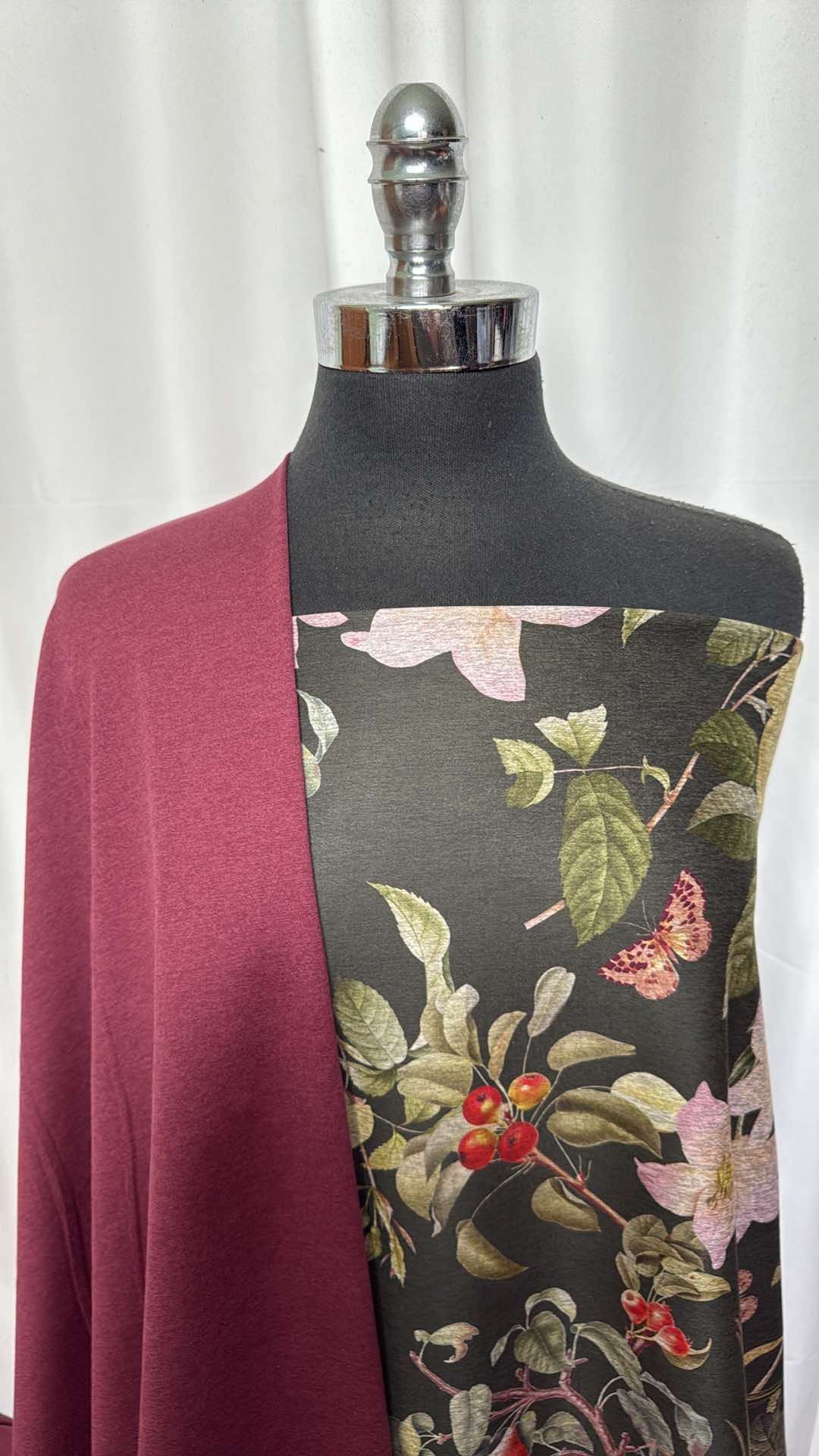 Burgundy & Fruity Floral Fabric Bundle - 1+ Yard Peached Polyester Floral Print & 1 Yard Burgundy Peached Polyester - Perfect for DIY Dresses, Curtains & Home Decor Projects
