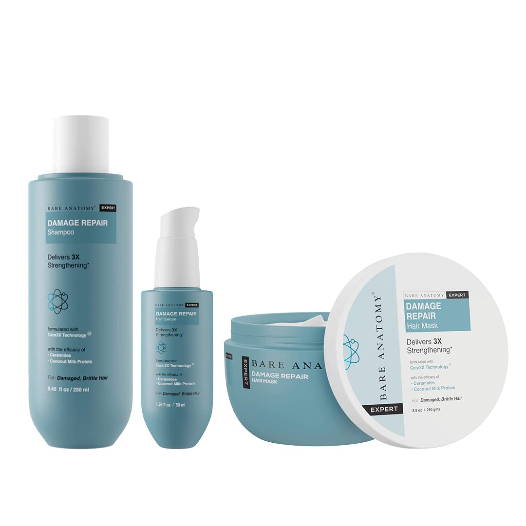 Bare Anatomy Damage Repair Shampoo, Hair Mask & Serum Kit - Sulfate & Paraben Free for Damaged, Weak & Dry Hair - Women & Men (250ml + 250g + 50ml) - Perfect for Salon-Quality Hair Care at Home