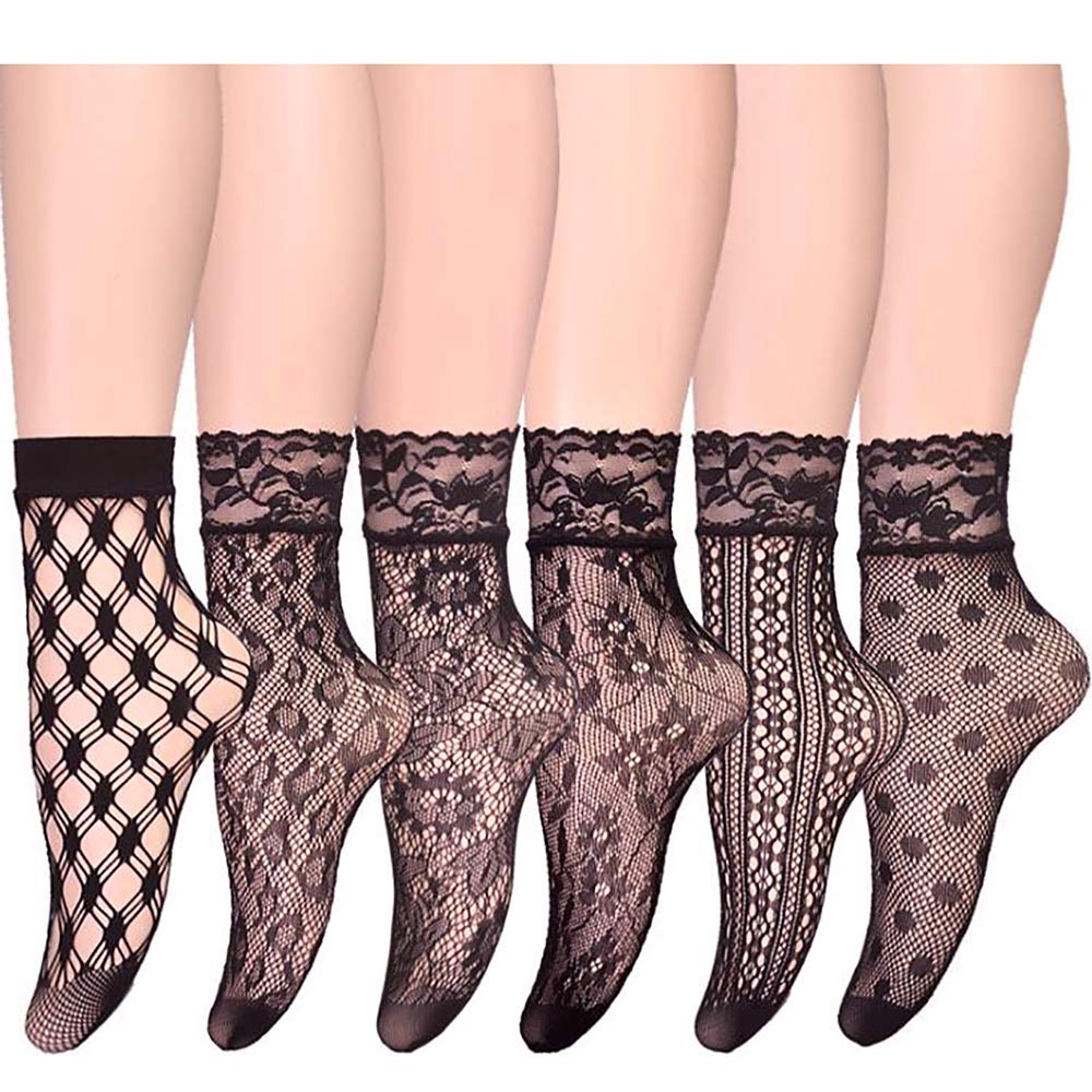 Glamorstar 6 Pairs Lace Fishnet Anklet Socks for Women - Sexy Sheer Dress Socks for Casual Wear, Parties & Date Nights