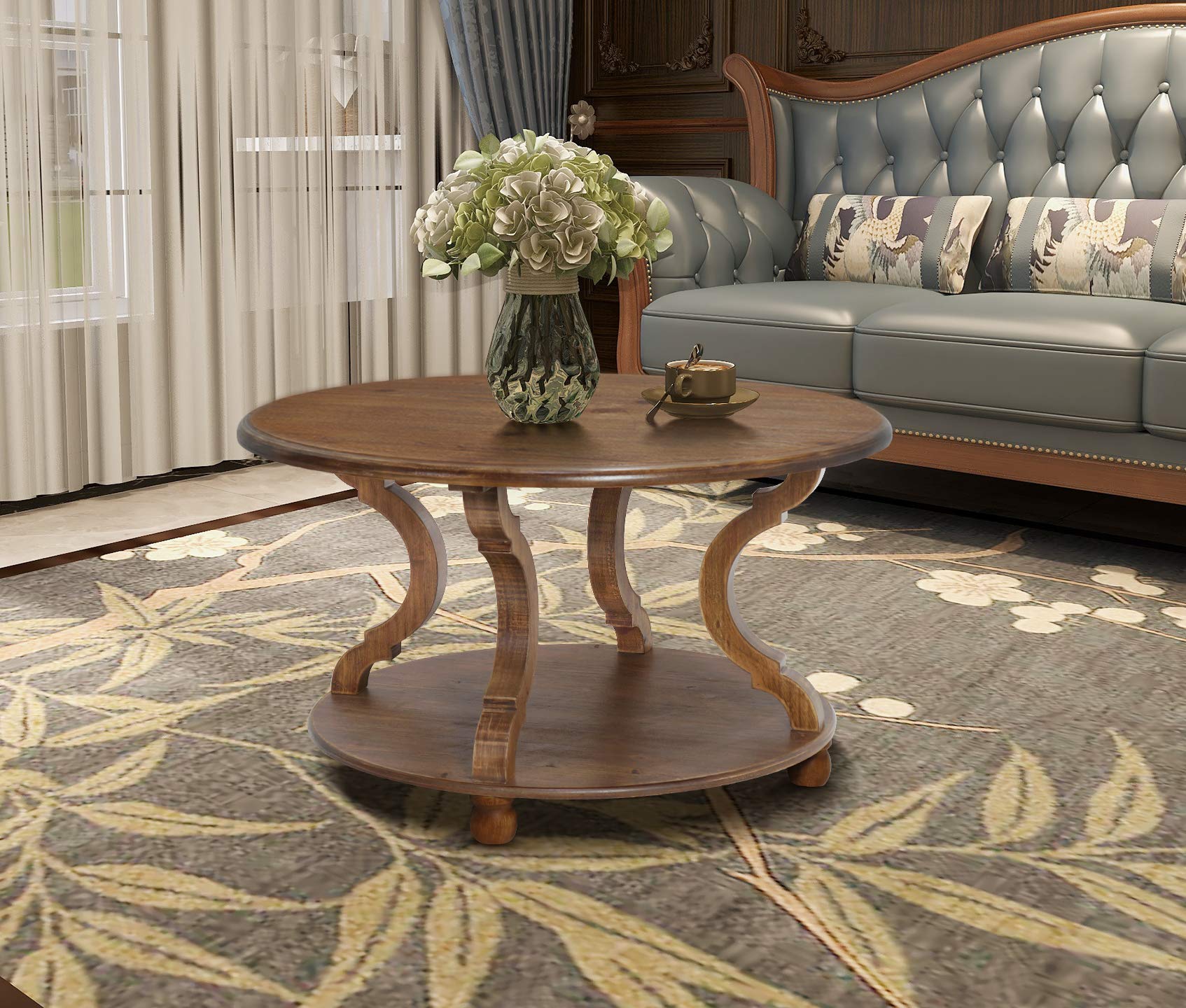 FINECASA 31.0x18.3 Inches Round Wood Coffee Table with Storage Shelf, Natural Finish Carved Legs Accent Table for Living Room, Sofa & Cocktail Table - Perfect for Small Spaces, Home Decor & Entertaining Guests