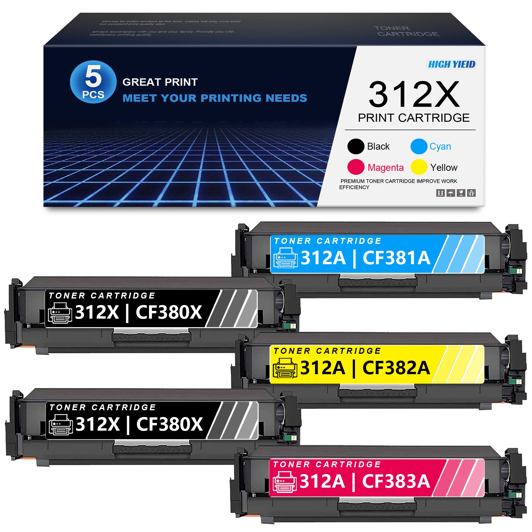 5-Pack (2BK+1C+1M+1Y) CF380X CF381A CF382A CF383A Compatible Toner Cartridges Replacement for HP Pro MFP M476nw M476dn M476dw Printers - High Yield Printing for Office & Home Use - Sold by KRYPTONINK