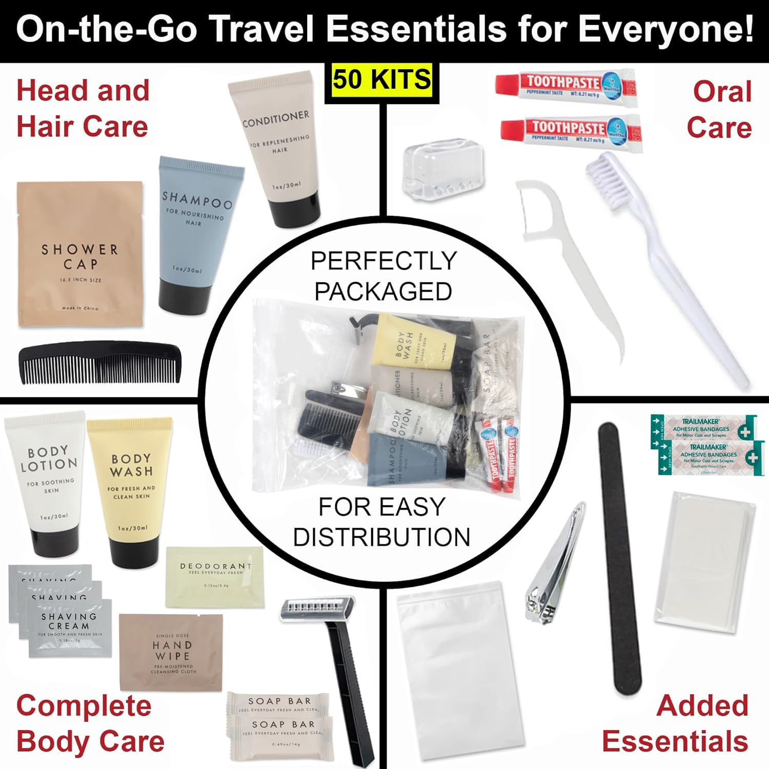 50 Pack Bulk Hygiene Kits for Homeless & Travel - 25 Piece Toiletry Essentials for Men & Women | Perfect for Shelters, Hotels, Emergency Preparedness & On-the-Go Care