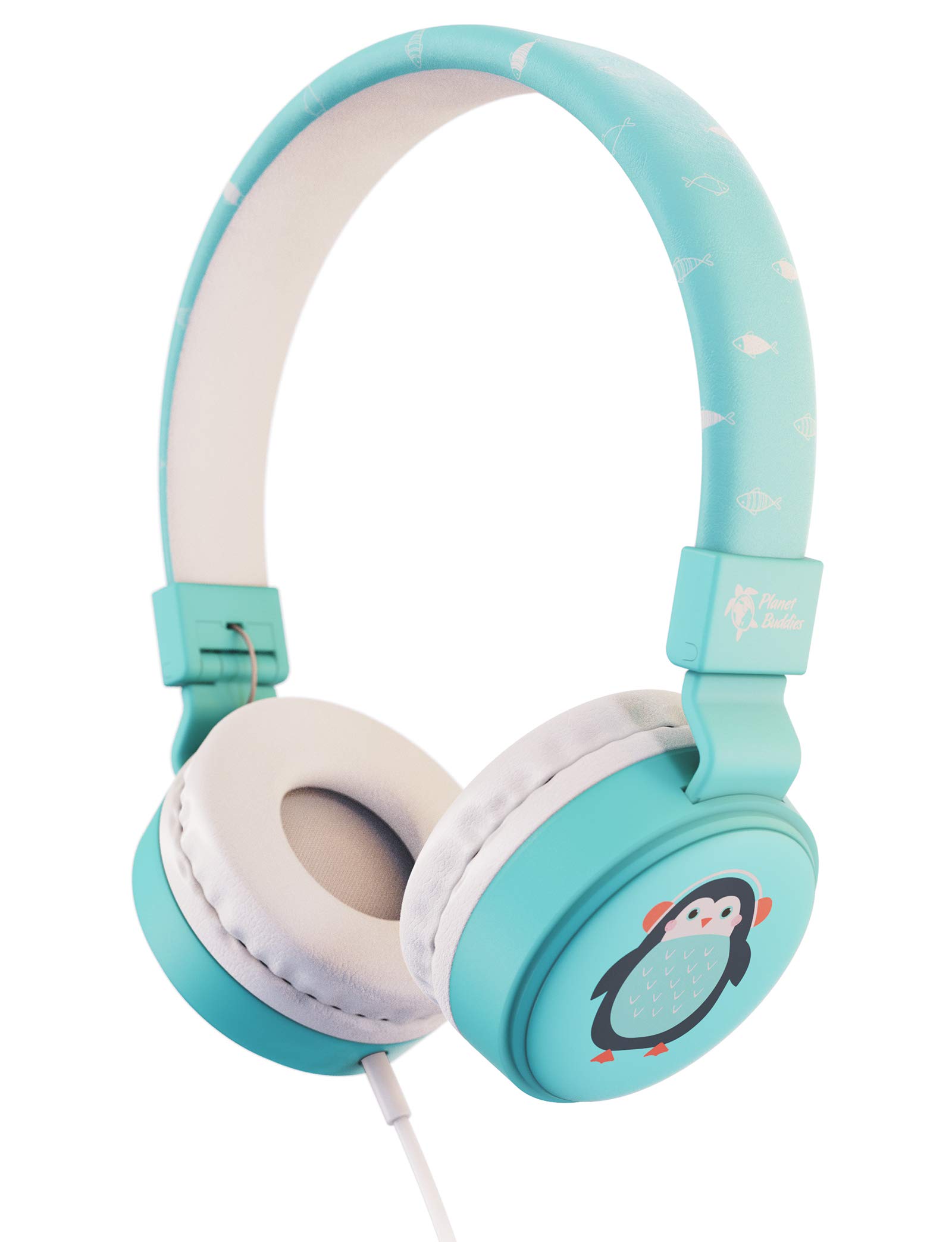 Planet Buddies Kids Headphones with Microphone - Volume Limited Safe Wired On-Ear Headphones for Children | Foldable Design for School, Travel, Phone & Kindle | Blue Penguin Style | Perfect for Online Learning & Airplane Trips
