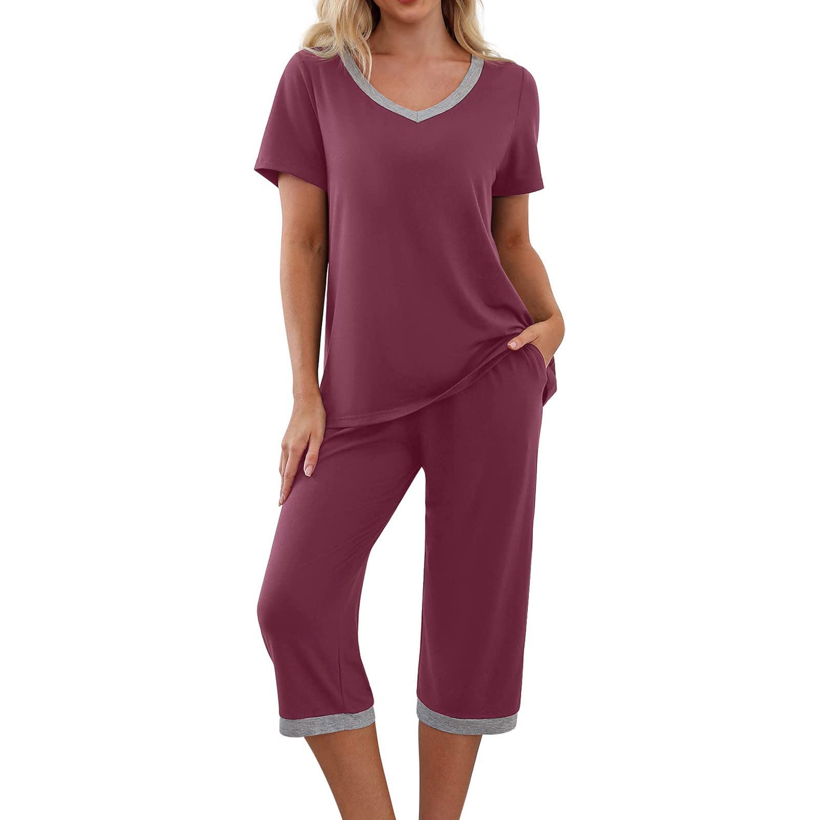 Women's V-Neck T-Shirt & Capri Pants Pajama Set - Soft Short Sleeve Sleepwear 2-Piece Lounge Outfit for Summer | Perfect for Nightwear, Relaxing at Home & Vacation Comfort