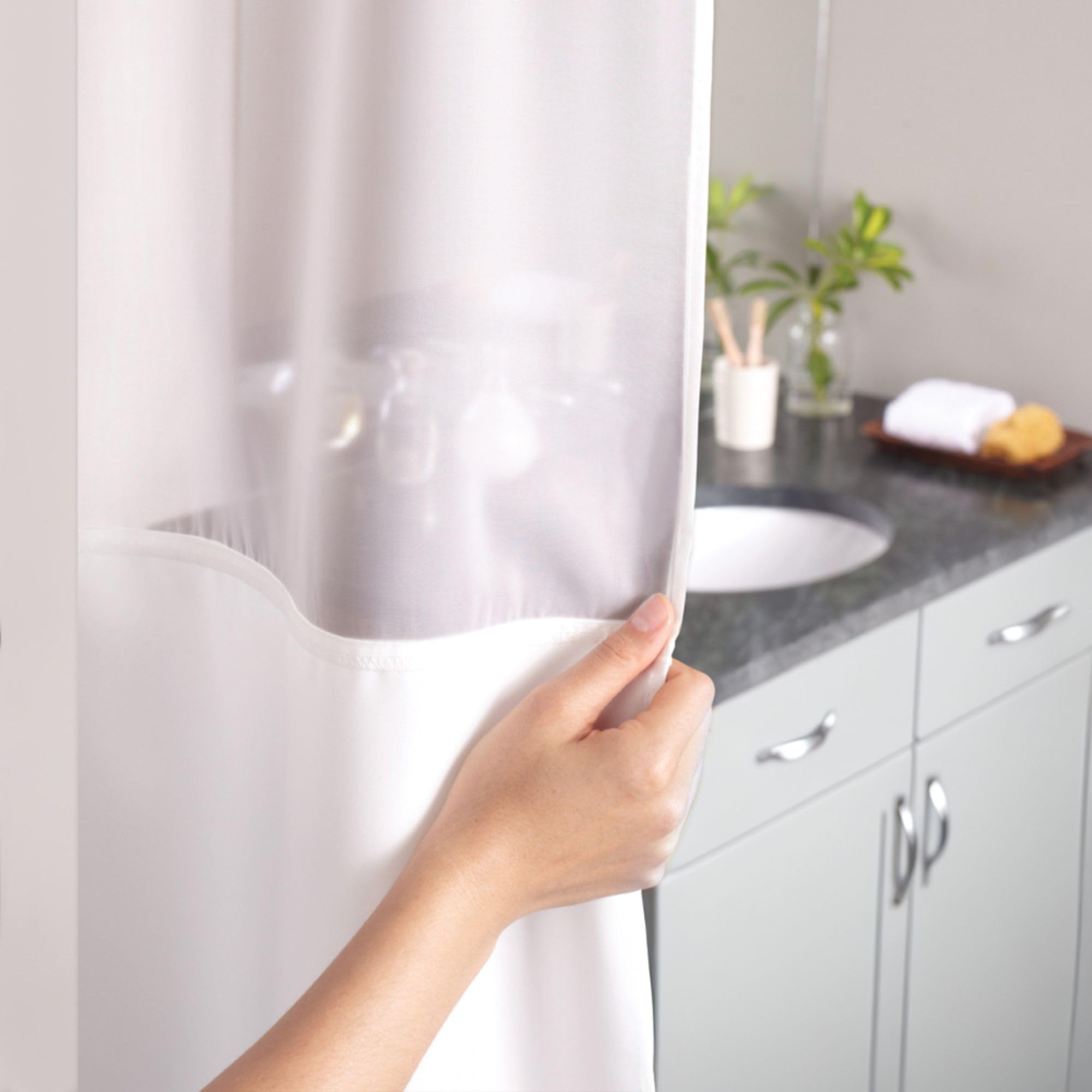Hookless It's A Snap! Monterey Shower Curtain Set - 3-in-1 Fabric Shower Curtain with Sheer Top Window, Flex-On Rings & PEVA Liner, 71